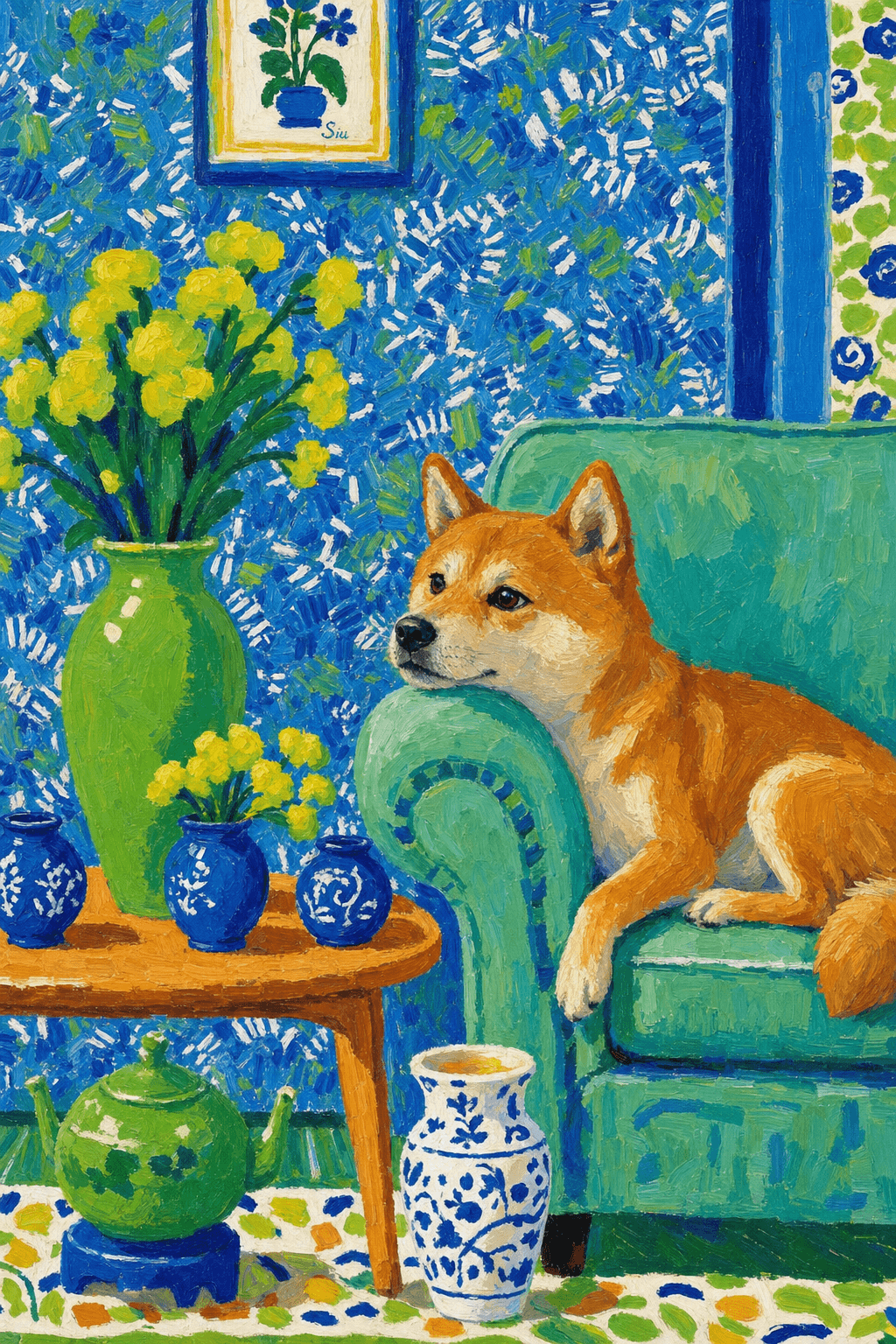 A pet lazy lying on the couch, with head tilt on the edge of couch, eye looking at the the vase. paint in post-impressionism style. Use saturated, non-naturalistic colors and flattened perspective reminiscent of Henri Matisse. painterly and expressive, utilizing thick, confident strokes and quick, rhythmic marks that prioritize texture and visual energy over realistic blending or depth.