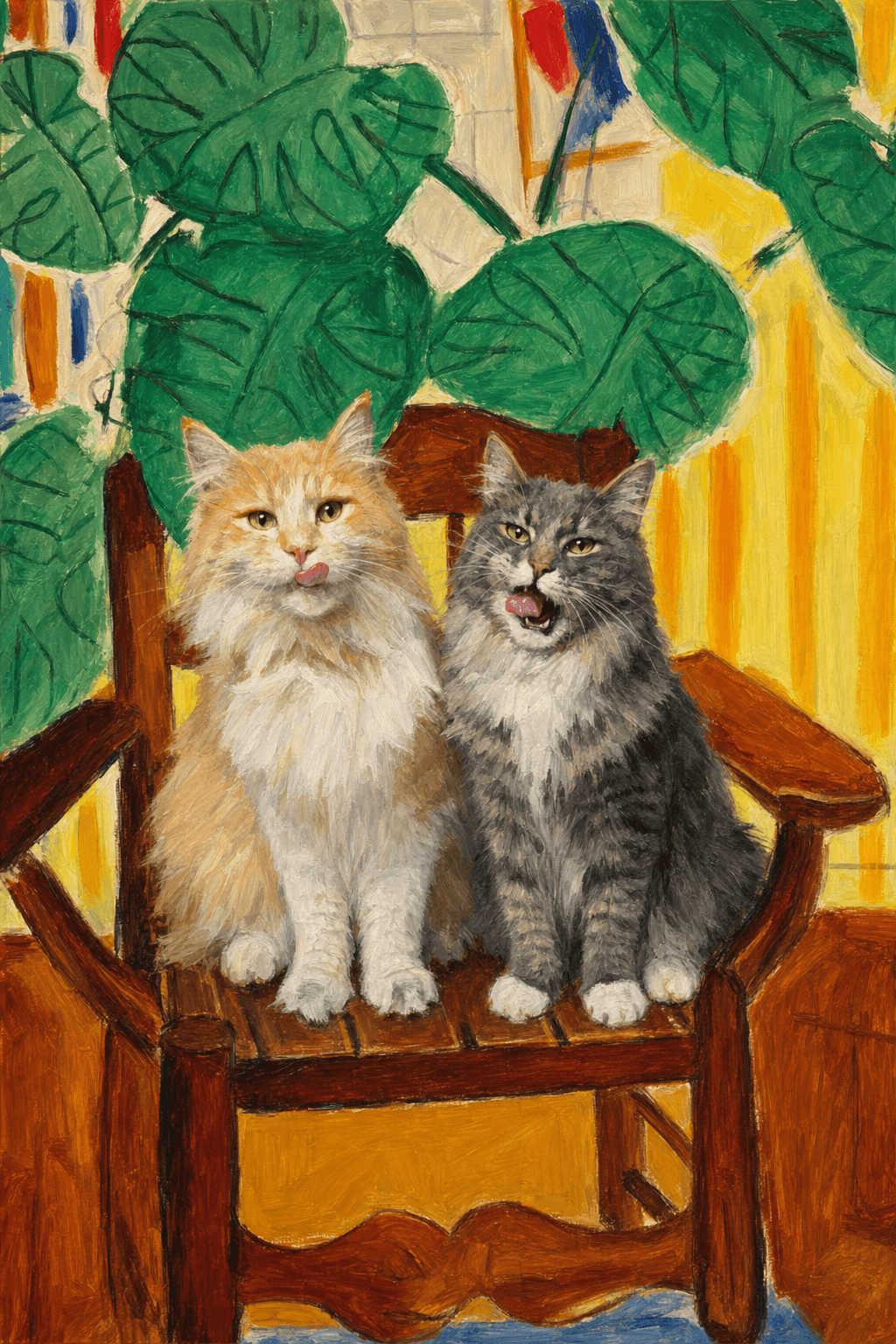 A pet sitting on a brown chair, looking at the viewer. Colors are applied with minimal blending, creating a flat, illustrative feel. The brushwork is broad, rapid, and direct. Strokes are loose, visible, applied thinly, defining the forms quickly without building up significant physical texture or impasto on the surface.
