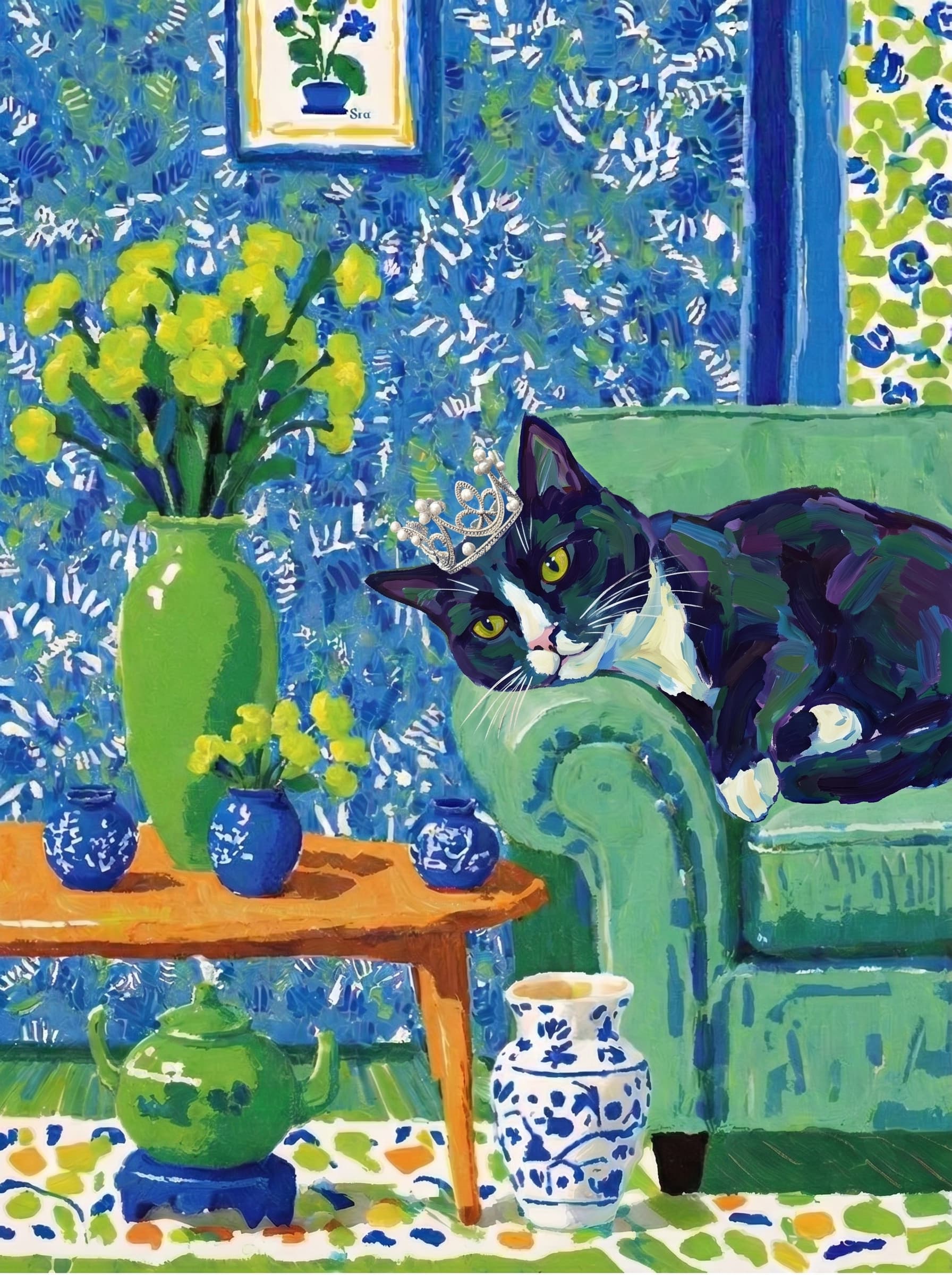 A pet lazy lying on the couch, with head tilt on the edge of couch, eye looking at the the vase. paint in post-impressionism style. Use saturated, non-naturalistic colors and flattened perspective reminiscent of Henri Matisse. painterly and expressive, utilizing thick, confident strokes and quick, rhythmic marks that prioritize texture and visual energy over realistic blending or depth.