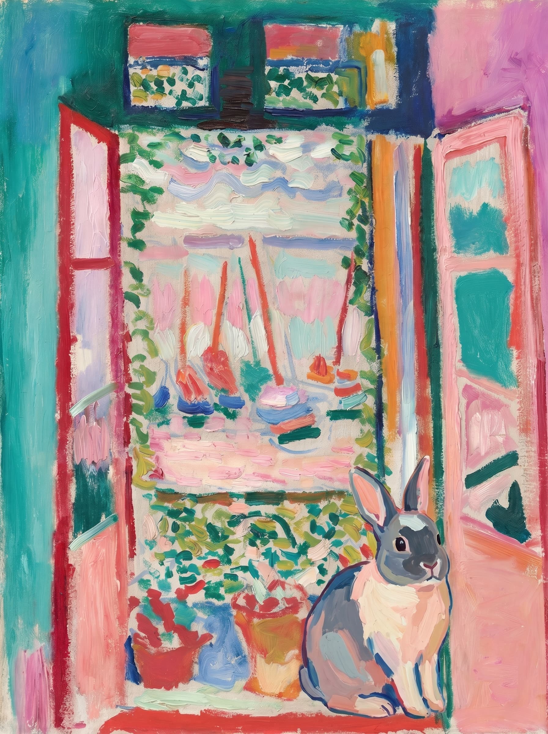 A pet sitting on the right bottom frame of an open door, with its back to the opening while facing the room, looking at the viewer, slight leaning on the right-side door panel. Art Style: Paint in Fauvism, post-impressionism style. Use simplified shapes, exaggerates color, and flattens perspective to create charm and personality.
Use saturated, non-naturalistic colors and flattened perspective reminiscent of Henri Matisse.
The brushwork is loose, visible, and painterly, with uneven strokes that give the surface texture and movement.
Paint with large areas of flat color patches, simplified shapes, bold decorative outlines, and minimal blending.
The composition is flattened and slightly distorted, with compressed perspective.
The painting is expressive, utilizing thick, confident strokes and quick, rhythmic marks that prioritize texture and visual energy over realistic blending or depth.