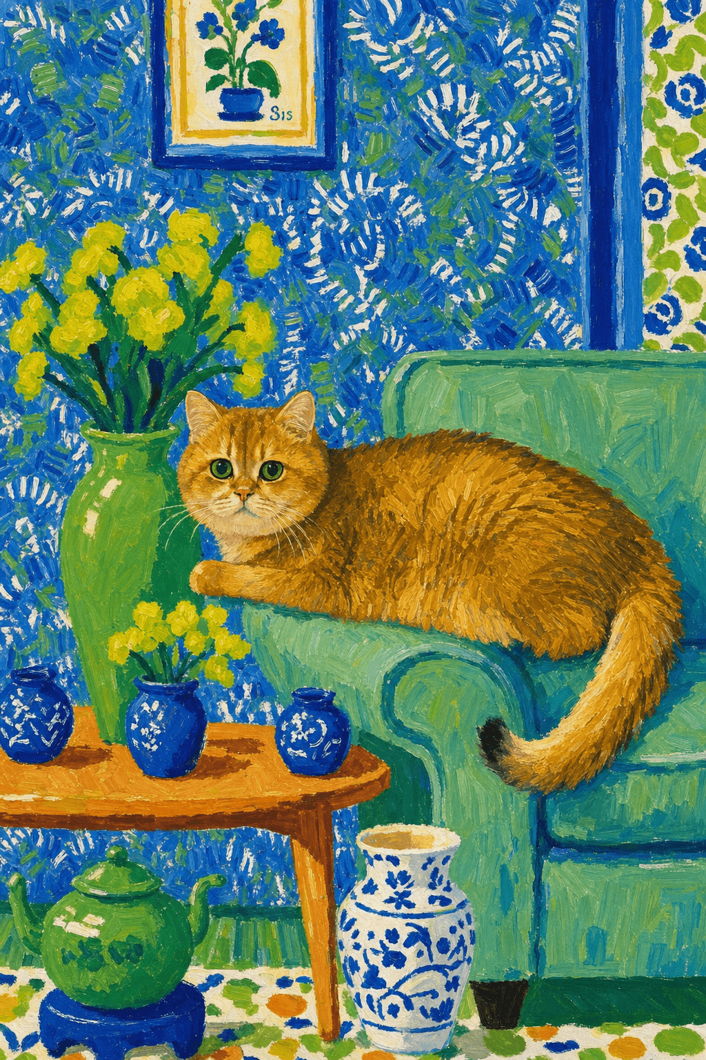 A pet lazy lying on the couch, with head tilt on the edge of couch, eye looking at the the vase. paint in post-impressionism style. Use saturated, non-naturalistic colors and flattened perspective reminiscent of Henri Matisse. painterly and expressive, utilizing thick, confident strokes and quick, rhythmic marks that prioritize texture and visual energy over realistic blending or depth.