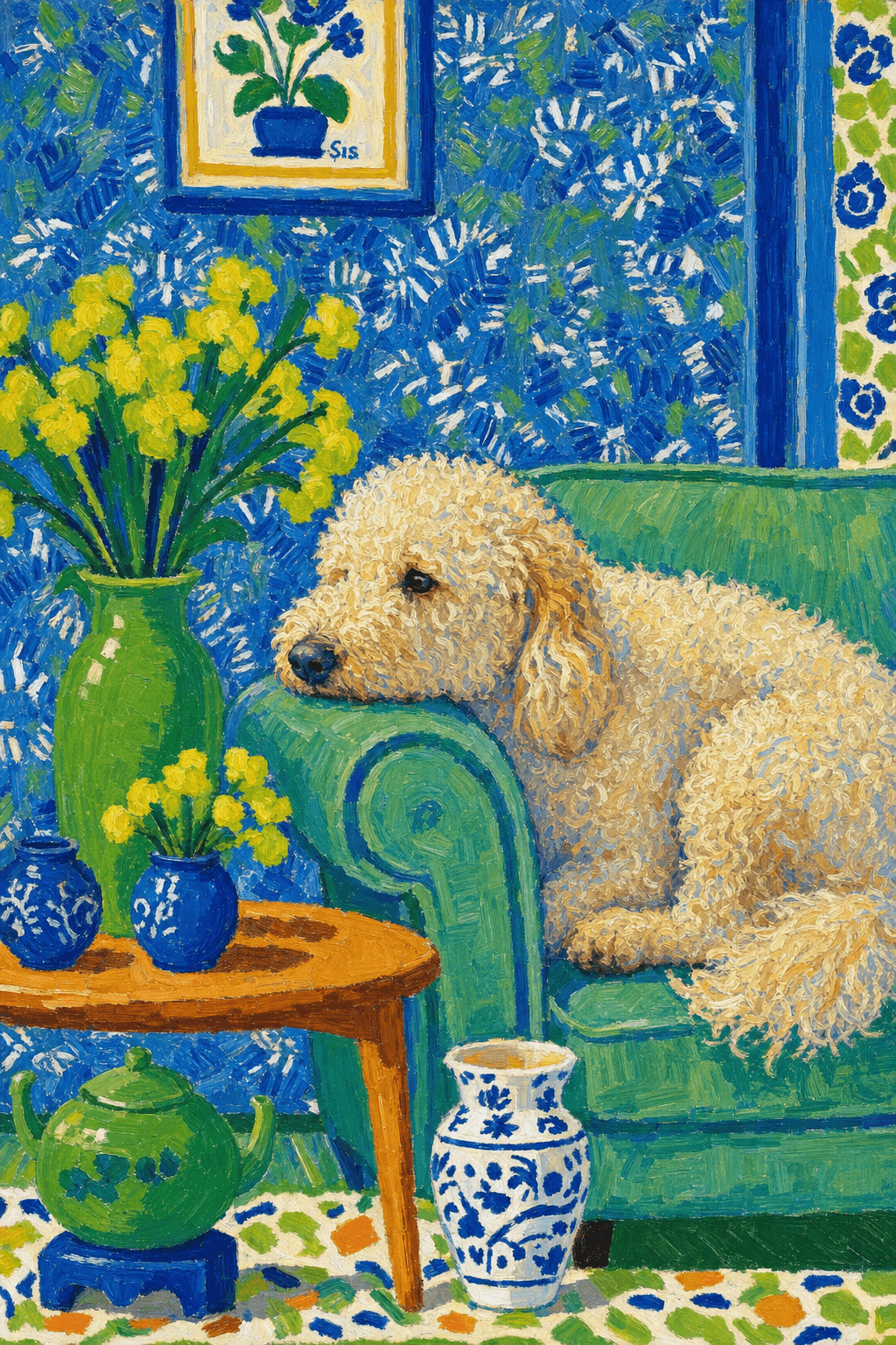 A pet lazy lying on the couch, with head tilt on the edge of couch, eye looking at the the vase. paint in post-impressionism style. Use saturated, non-naturalistic colors and flattened perspective reminiscent of Henri Matisse. painterly and expressive, utilizing thick, confident strokes and quick, rhythmic marks that prioritize texture and visual energy over realistic blending or depth.