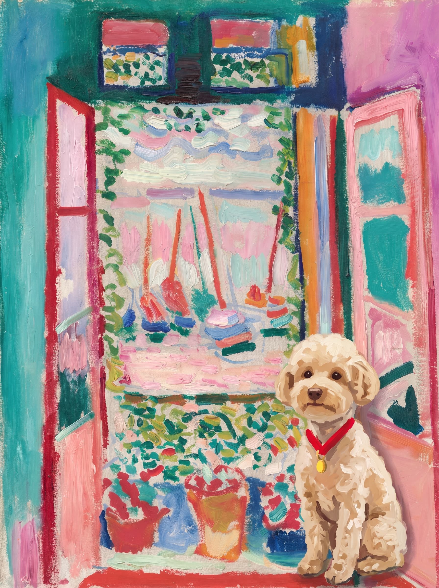 A pet sitting on the right bottom frame of an open door, with its back to the opening while facing the room, looking at the viewer, slight leaning on the right-side door panel. Art Style: Paint in Fauvism, post-impressionism style. Use simplified shapes, exaggerates color, and flattens perspective to create charm and personality.
Use saturated, non-naturalistic colors and flattened perspective reminiscent of Henri Matisse.
The brushwork is loose, visible, and painterly, with uneven strokes that give the surface texture and movement.
Paint with large areas of flat color patches, simplified shapes, bold decorative outlines, and minimal blending.
The composition is flattened and slightly distorted, with compressed perspective.
The painting is expressive, utilizing thick, confident strokes and quick, rhythmic marks that prioritize texture and visual energy over realistic blending or depth.