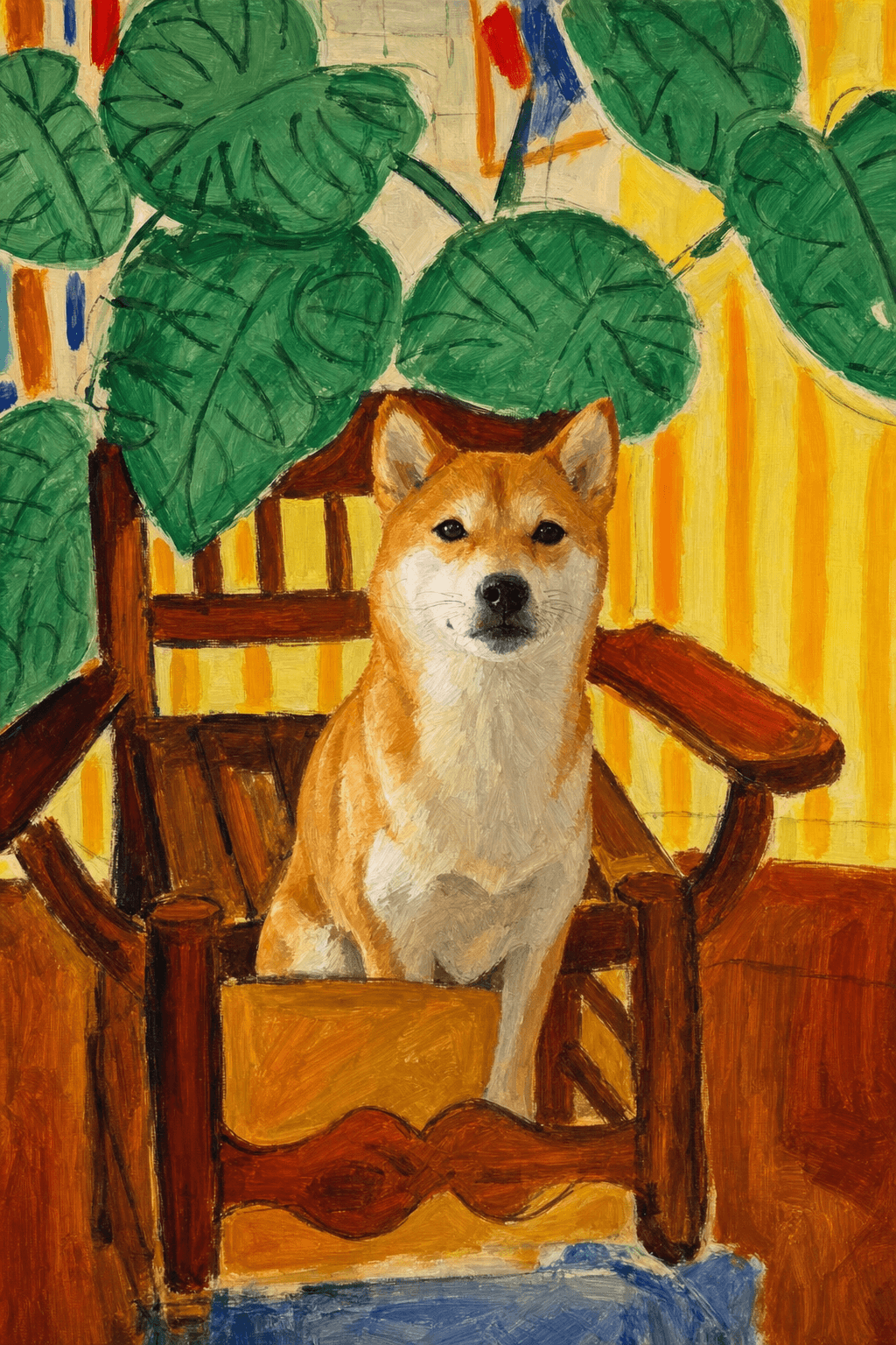 A pet sitting on a brown chair, looking at the viewer. Colors are applied with minimal blending, creating a flat, illustrative feel. The brushwork is broad, rapid, and direct. Strokes are loose, visible, applied thinly, defining the forms quickly without building up significant physical texture or impasto on the surface.