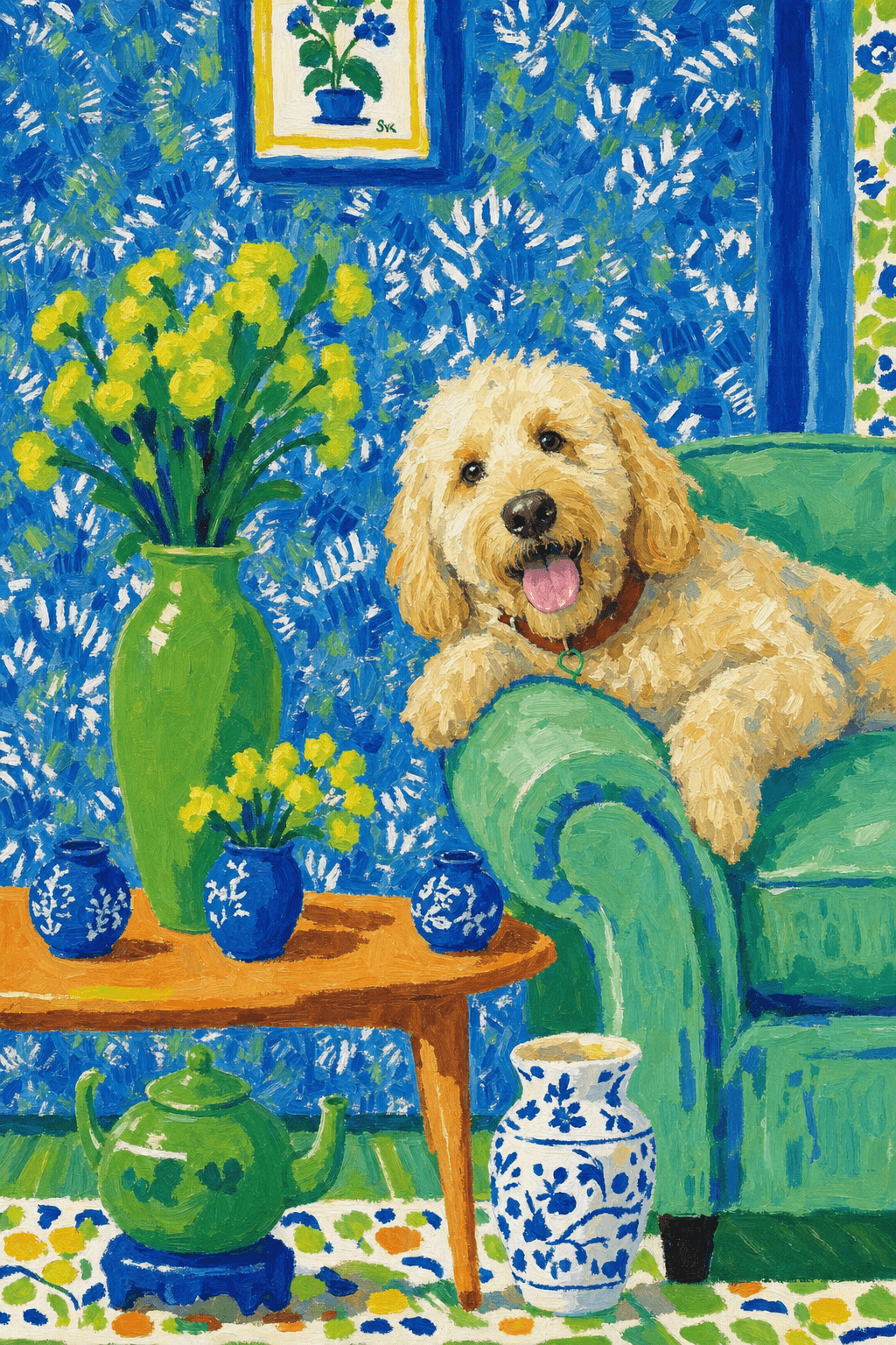 A pet lazy lying on the couch, with head tilt on the edge of couch, eye looking at the the vase. Art Style: Paint in Fauvism, post-impressionism style. Use simplified shapes, exaggerates color, and flattens perspective to create charm and personality.
Use saturated, non-naturalistic colors and flattened perspective reminiscent of Henri Matisse.
The brushwork is loose, visible, and painterly, with uneven strokes that give the surface texture and movement.
Paint with large areas of flat color patches, simplified shapes, bold decorative outlines, and minimal blending.
The composition is flattened and slightly distorted, with compressed perspective.
The painting is expressive, utilizing thick, confident strokes and quick, rhythmic marks that prioritize texture and visual energy over realistic blending or depth.
