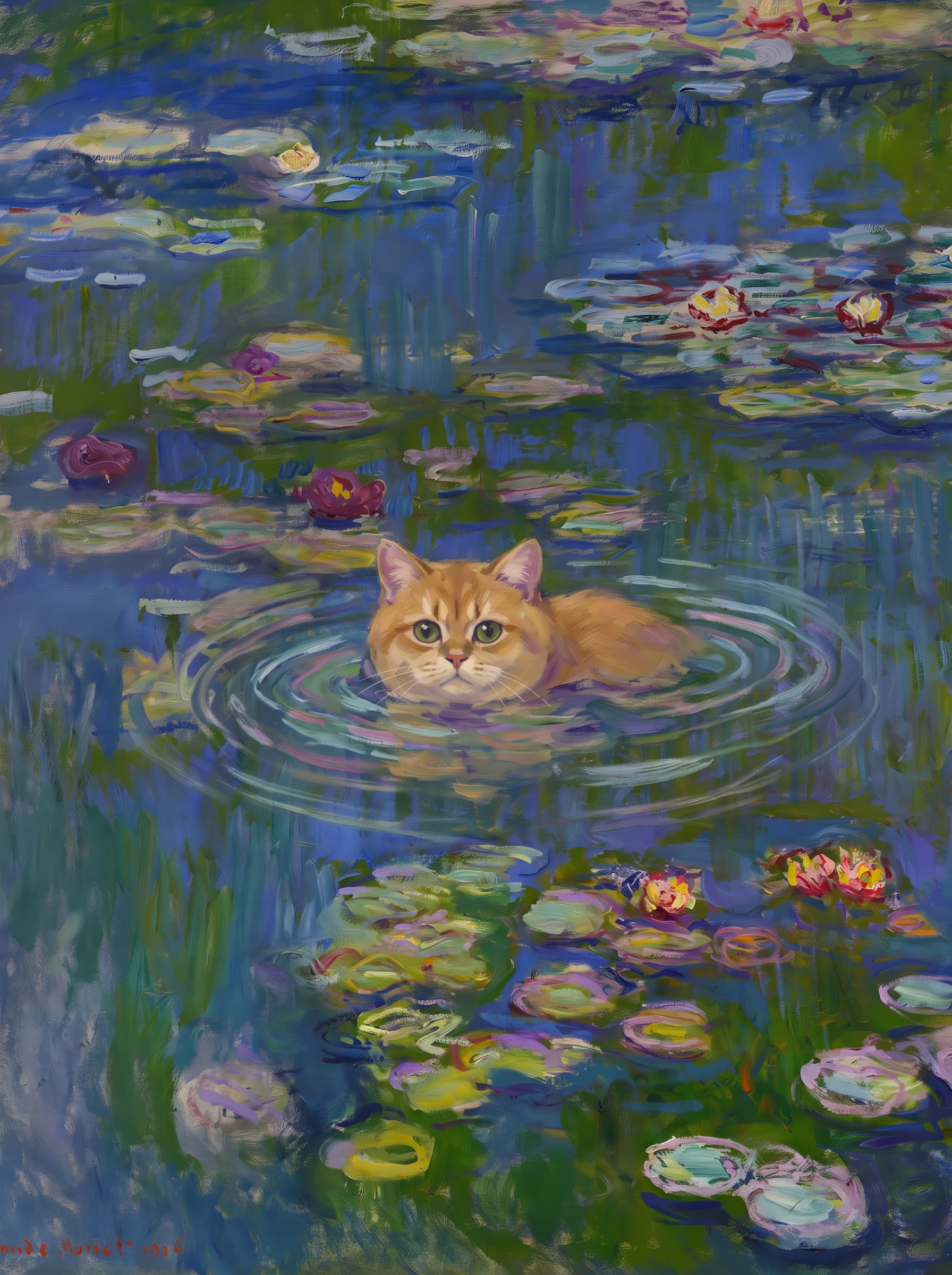 The pet should appear naturally integrated into the middle of the pond, swimming calmly through the water with only its head, upper neck, and a subtle suggestion of its back visible above the surface.
      The pet should be facing forward and looking directly at the viewer. Its wet fur should be suggested through painterly strokes.
      Blend the pet into the scene using Monet-like impressionist oil painting techniques: visible layered brushstrokes, soft broken color, blue-green reflections, violet shadows, golden-orange highlights, and shimmering ripples around the pet. 
      The water should partially obscure the pet’s body, with delicate circular ripples spreading outward. Nearby lily pads and water lilies should remain undisturbed but subtly interact with the ripples.
      The pet must feel like it was originally painted into the artwork, not pasted on top. Match the atmospheric softness, painterly texture, scale, perspective, and color harmony of the original Water Lilies painting. 
      Avoid photorealism, sharp outlines, modern digital effects, or excessive detail. The final image should look like a whimsical impressionist oil painting in the spirit of late Monet, with the pet quietly swimming among the lily pads at the center of the pond.
      Art Style: Paint in Fauvism, post-impressionism style. Use simplified shapes, exaggerates color, and flattens perspective to create charm and personality.
Use saturated, non-naturalistic colors and flattened perspective reminiscent of Henri Matisse.
The brushwork is loose, visible, and painterly, with uneven strokes that give the surface texture and movement.
Paint with large areas of flat color patches, simplified shapes, bold decorative outlines, and minimal blending.
The composition is flattened and slightly distorted, with compressed perspective.
The painting is expressive, utilizing thick, confident strokes and quick, rhythmic marks that prioritize texture and visual energy over realistic blending or depth.