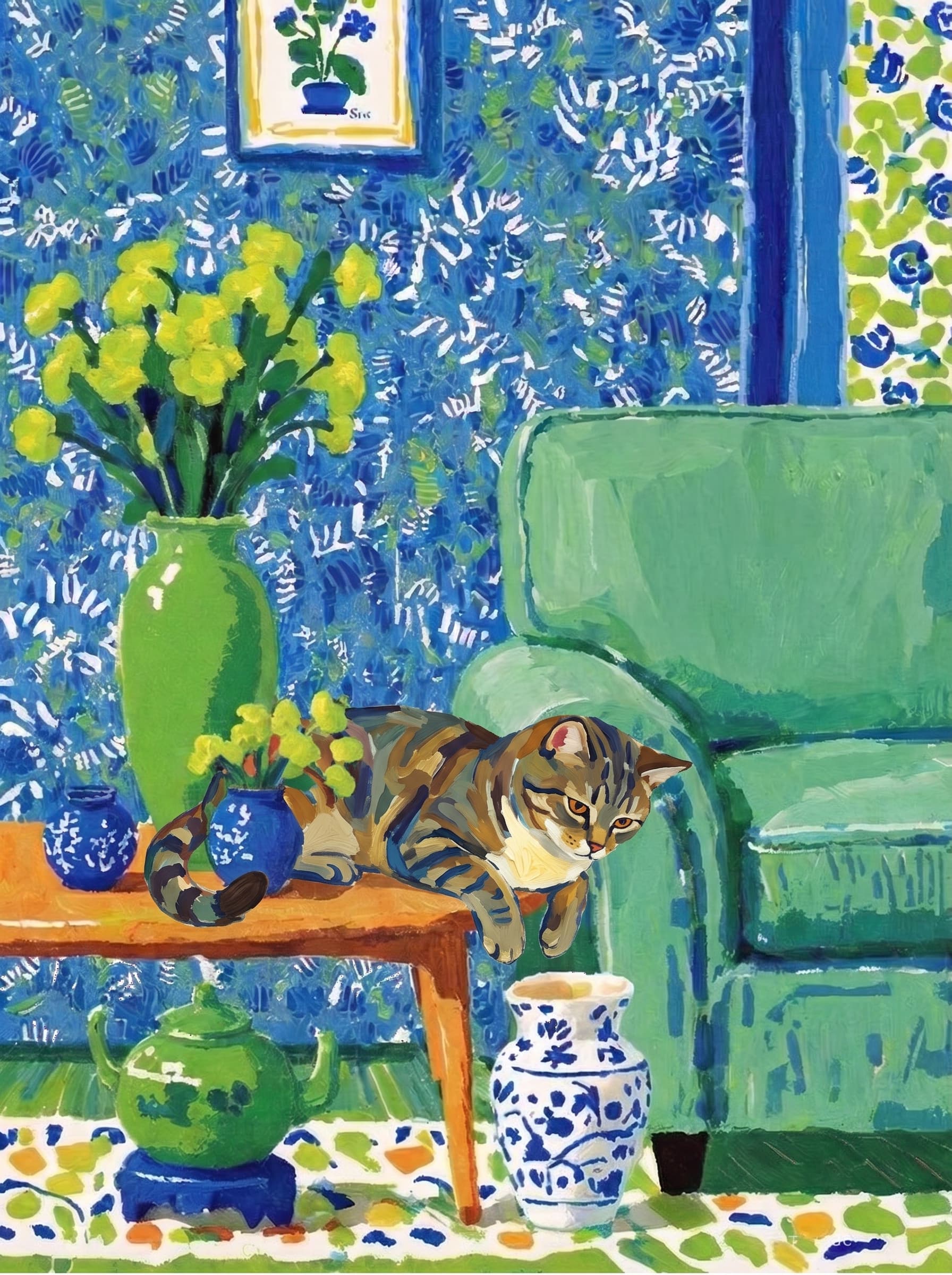 A pet lazy lying on the couch, with head tilt on the edge of couch, eye looking at the the vase. Art Style: Paint in Fauvism, post-impressionism style. Use simplified shapes, exaggerates color, and flattens perspective to create charm and personality.
Use saturated, non-naturalistic colors and flattened perspective reminiscent of Henri Matisse.
The brushwork is loose, visible, and painterly, with uneven strokes that give the surface texture and movement.
Paint with large areas of flat color patches, simplified shapes, bold decorative outlines, and minimal blending.
The composition is flattened and slightly distorted, with compressed perspective.
The painting is expressive, utilizing thick, confident strokes and quick, rhythmic marks that prioritize texture and visual energy over realistic blending or depth.