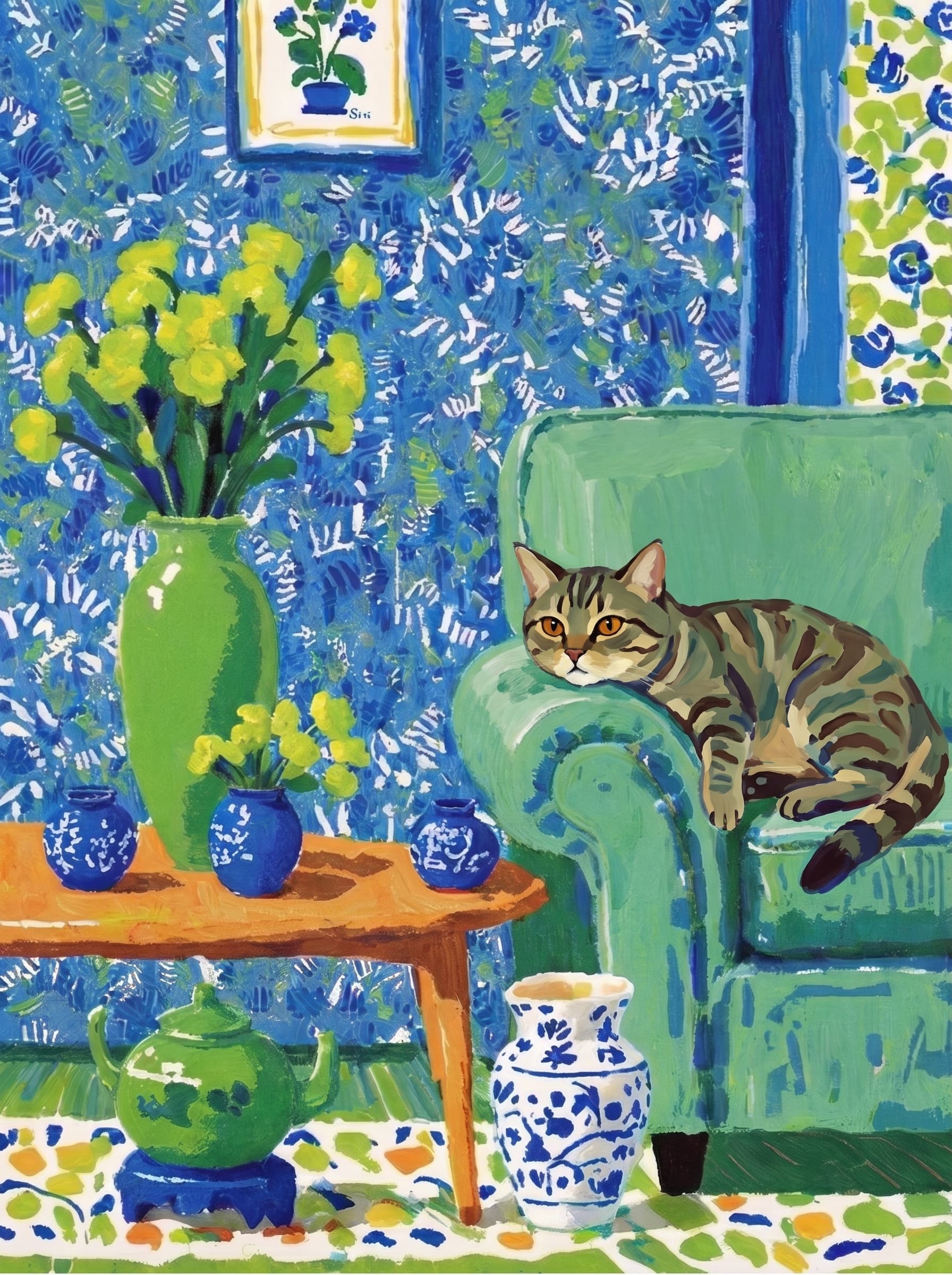 A pet lazy lying on the couch, with head tilt on the edge of couch, eye looking at the the vase. Art Style: Paint in Fauvism, post-impressionism style. Use simplified shapes, exaggerates color, and flattens perspective to create charm and personality.
Use saturated, non-naturalistic colors and flattened perspective reminiscent of Henri Matisse.
The brushwork is loose, visible, and painterly, with uneven strokes that give the surface texture and movement.
Paint with large areas of flat color patches, simplified shapes, bold decorative outlines, and minimal blending.
The composition is flattened and slightly distorted, with compressed perspective.
The painting is expressive, utilizing thick, confident strokes and quick, rhythmic marks that prioritize texture and visual energy over realistic blending or depth.