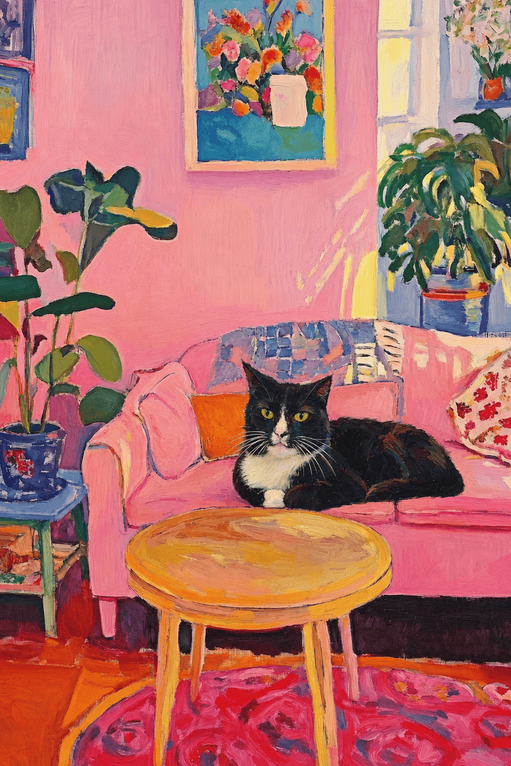 The painting shows a cozy, colorful interior with a warm pink wall and a large pink sofa in the foreground.
The pet is resting lazily on a bright pink velvet sofa. The pet’s looked completely relaxed and content.
The overall mood is cheerful and intimate, with bold outlines, visible brushstrokes, and slightly simplified forms.
Art Style: Paint in Fauvism, post-impressionism style. Use simplified shapes, exaggerates color, and flattens perspective to create charm and personality.
Use saturated, non-naturalistic colors and flattened perspective reminiscent of Henri Matisse.
The brushwork is loose, visible, and painterly, with uneven strokes that give the surface texture and movement.
Paint with large areas of flat color patches, simplified shapes, bold decorative outlines, and minimal blending.
The composition is flattened and slightly distorted, with compressed perspective.
The painting is expressive, utilizing thick, confident strokes and quick, rhythmic marks that prioritize texture and visual energy over realistic blending or depth.