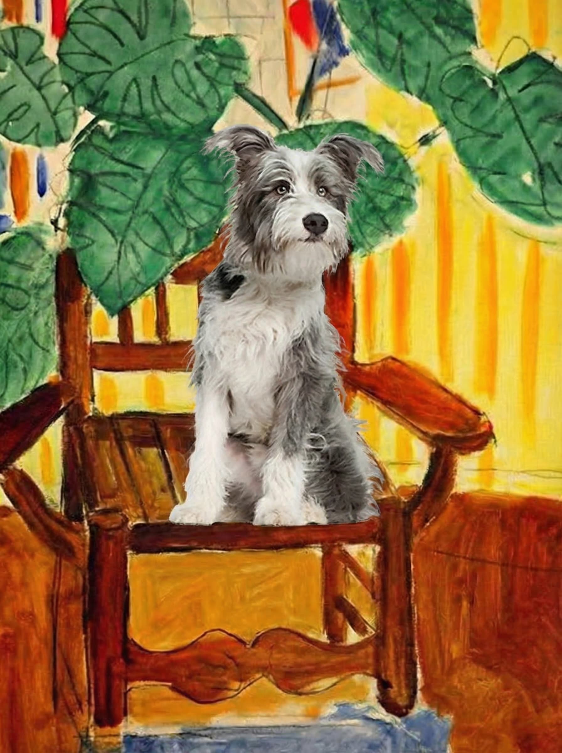 A pet sitting on a brown chair, looking at the viewer. Colors are applied with minimal blending, creating a flat, illustrative feel. The brushwork is broad, rapid, and direct. Strokes are loose, visible, applied thinly, defining the forms quickly without building up significant physical texture or impasto on the surface.