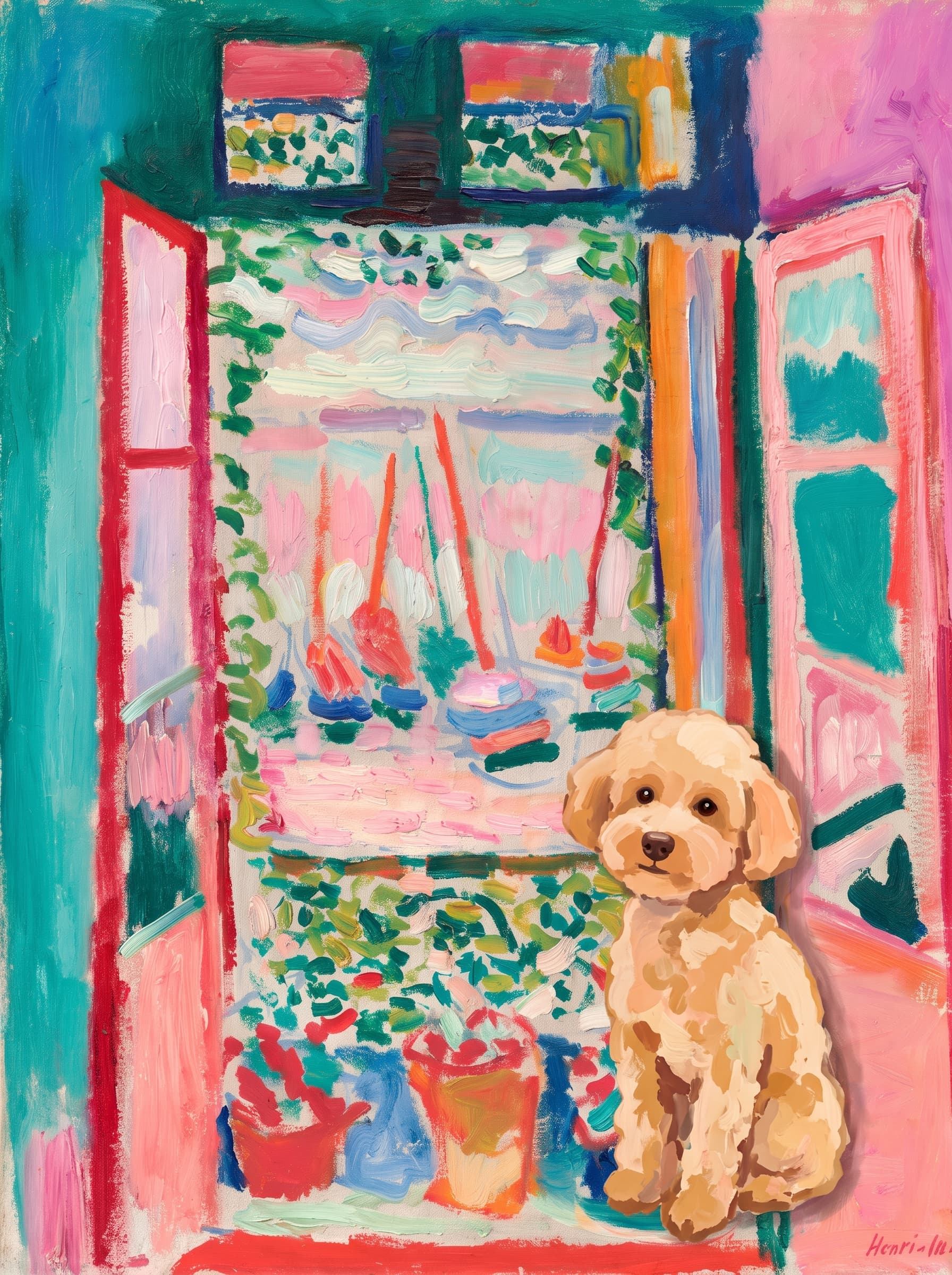 A pet sitting on the right bottom frame of an open door, with its back to the opening while facing the room, looking at the viewer, slight leaning on the right-side door panel. Art Style: Paint in Fauvism, post-impressionism style. Use simplified shapes, exaggerates color, and flattens perspective to create charm and personality.
Use saturated, non-naturalistic colors and flattened perspective reminiscent of Henri Matisse.
The brushwork is loose, visible, and painterly, with uneven strokes that give the surface texture and movement.
Paint with large areas of flat color patches, simplified shapes, bold decorative outlines, and minimal blending.
The composition is flattened and slightly distorted, with compressed perspective.
The painting is expressive, utilizing thick, confident strokes and quick, rhythmic marks that prioritize texture and visual energy over realistic blending or depth.