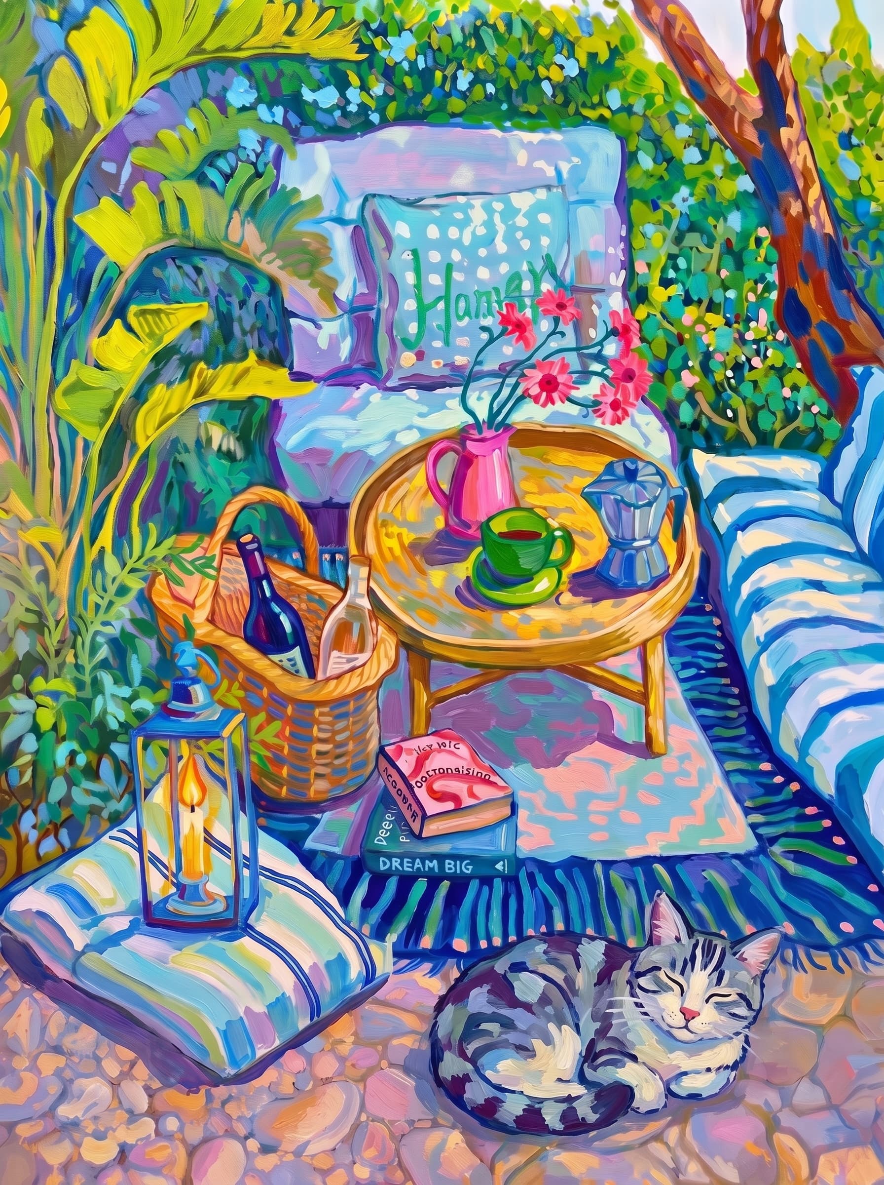 a cozy garden patio filled with lush tropical greenery, blue-and-white striped cushions, a round rattan table, picnic basket, lantern, books, flowers.
The pet is lazily resting in the foreground, almost fall asleep with a relaxed and content expression.
The composition feels intimate and inviting, with foliage and a tree trunk framing the scene, the circular table anchoring the center, and expressive brushwork plus dappled light creating a lively, relaxed outdoor atmosphere.
Art Style: Paint in Fauvism, post-impressionism style. Use simplified shapes, exaggerates color, and flattens perspective to create charm and personality.
Use saturated, non-naturalistic colors and flattened perspective reminiscent of Henri Matisse.
The brushwork is loose, visible, and painterly, with uneven strokes that give the surface texture and movement.
Paint with large areas of flat color patches, simplified shapes, bold decorative outlines, and minimal blending.
The composition is flattened and slightly distorted, with compressed perspective.
The painting is expressive, utilizing thick, confident strokes and quick, rhythmic marks that prioritize texture and visual energy over realistic blending or depth.