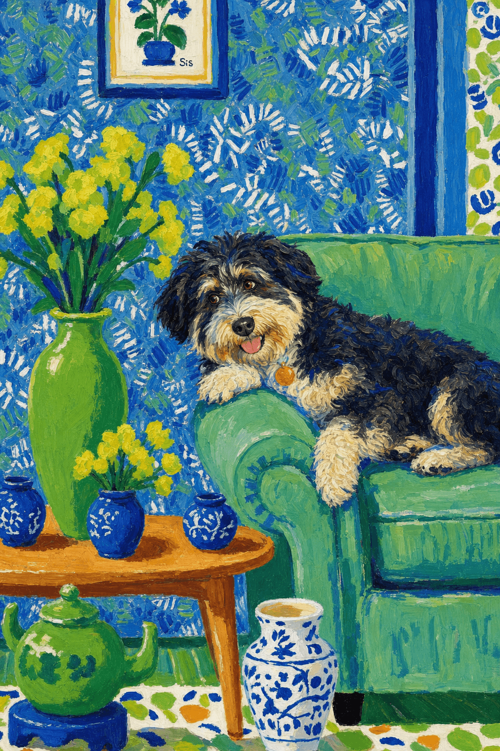 A pet lazy lying on the couch, with head tilt on the edge of couch, eye looking at the the vase. paint in post-impressionism style. Use saturated, non-naturalistic colors and flattened perspective reminiscent of Henri Matisse. painterly and expressive, utilizing thick, confident strokes and quick, rhythmic marks that prioritize texture and visual energy over realistic blending or depth.