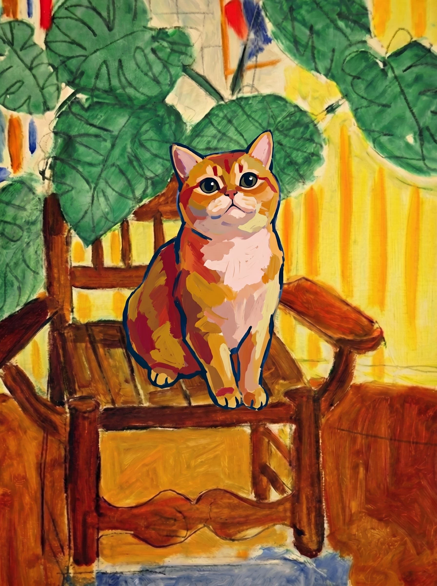 A pet sitting on a brown chair, looking at the viewer. Art Style: Paint in Fauvism, post-impressionism style. Use simplified shapes, exaggerates color, and flattens perspective to create charm and personality.
Use saturated, non-naturalistic colors and flattened perspective reminiscent of Henri Matisse.
The brushwork is loose, visible, and painterly, with uneven strokes that give the surface texture and movement.
Paint with large areas of flat color patches, simplified shapes, bold decorative outlines, and minimal blending.
The composition is flattened and slightly distorted, with compressed perspective.
The painting is expressive, utilizing thick, confident strokes and quick, rhythmic marks that prioritize texture and visual energy over realistic blending or depth.