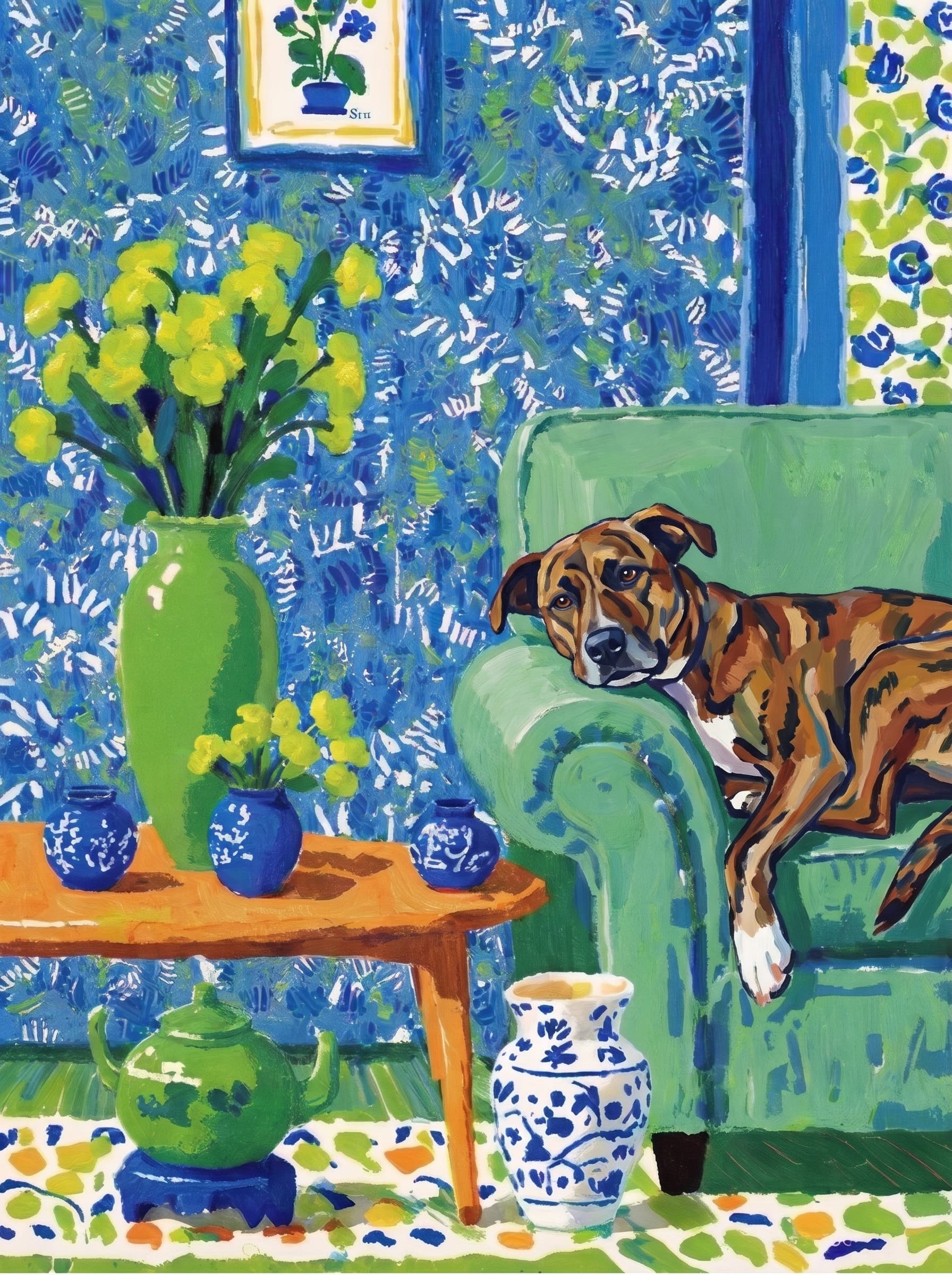 A pet lazy lying on the couch, with head tilt on the edge of couch, eye looking at the the vase. Art Style: Paint in Fauvism, post-impressionism style. Use simplified shapes, exaggerates color, and flattens perspective to create charm and personality.
Use saturated, non-naturalistic colors and flattened perspective reminiscent of Henri Matisse.
The brushwork is loose, visible, and painterly, with uneven strokes that give the surface texture and movement.
Paint with large areas of flat color patches, simplified shapes, bold decorative outlines, and minimal blending.
The composition is flattened and slightly distorted, with compressed perspective.
The painting is expressive, utilizing thick, confident strokes and quick, rhythmic marks that prioritize texture and visual energy over realistic blending or depth.