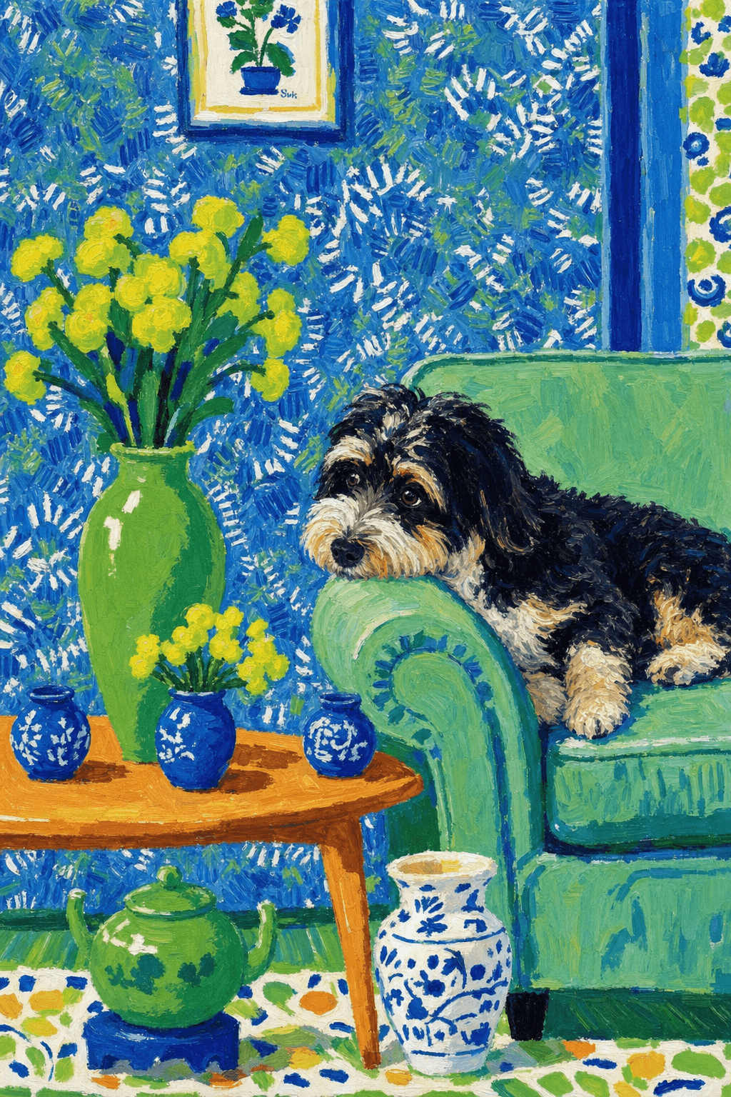 A pet lazy lying on the couch, with head tilt on the edge of couch, eye looking at the the vase. paint in post-impressionism style. Use saturated, non-naturalistic colors and flattened perspective reminiscent of Henri Matisse. painterly and expressive, utilizing thick, confident strokes and quick, rhythmic marks that prioritize texture and visual energy over realistic blending or depth.