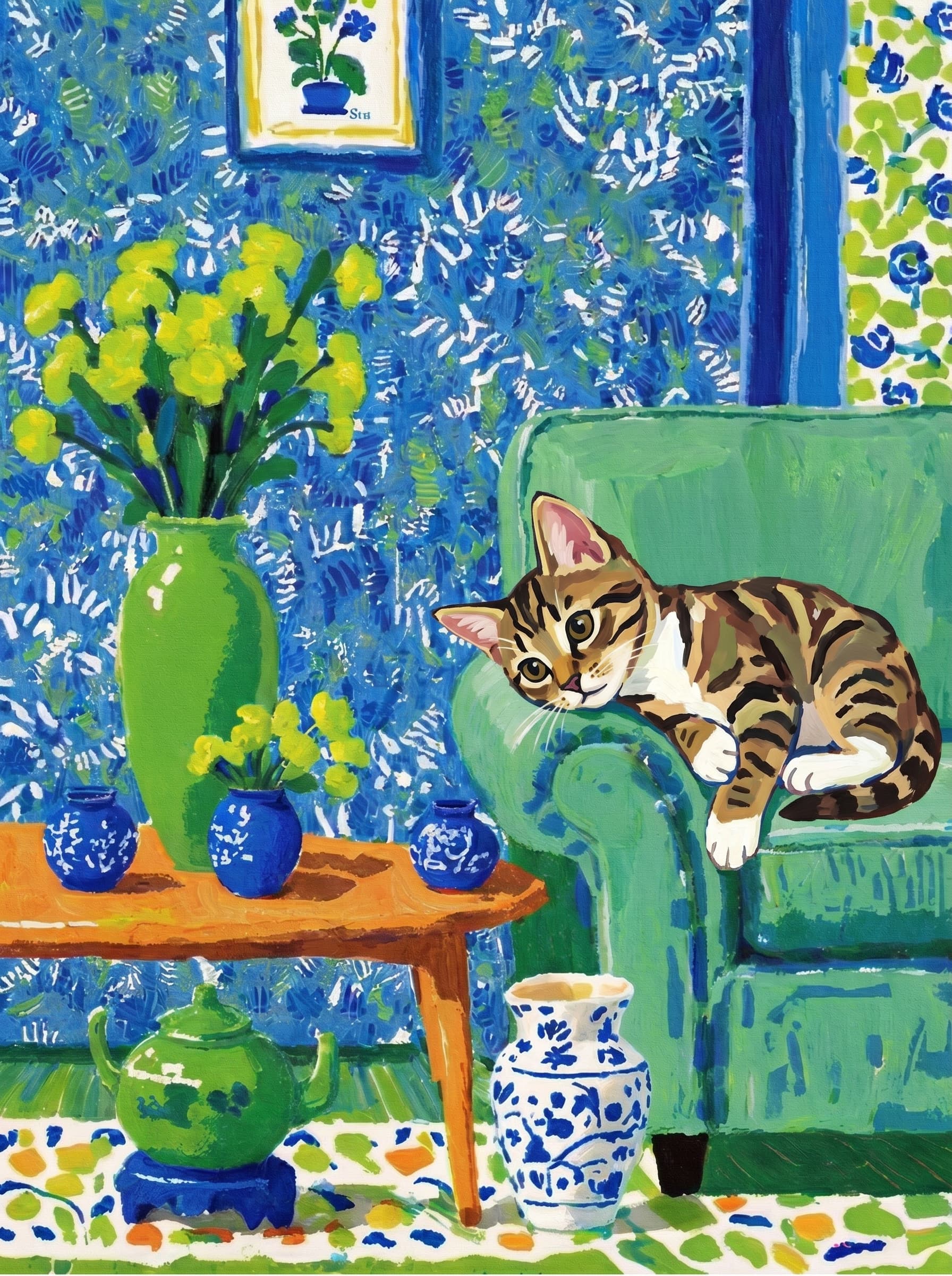A pet lazy lying on the couch, with head tilt on the edge of couch, eye looking at the the vase. Art Style: Paint in Fauvism, post-impressionism style. Use simplified shapes, exaggerates color, and flattens perspective to create charm and personality.
Use saturated, non-naturalistic colors and flattened perspective reminiscent of Henri Matisse.
The brushwork is loose, visible, and painterly, with uneven strokes that give the surface texture and movement.
Paint with large areas of flat color patches, simplified shapes, bold decorative outlines, and minimal blending.
The composition is flattened and slightly distorted, with compressed perspective.
The painting is expressive, utilizing thick, confident strokes and quick, rhythmic marks that prioritize texture and visual energy over realistic blending or depth.