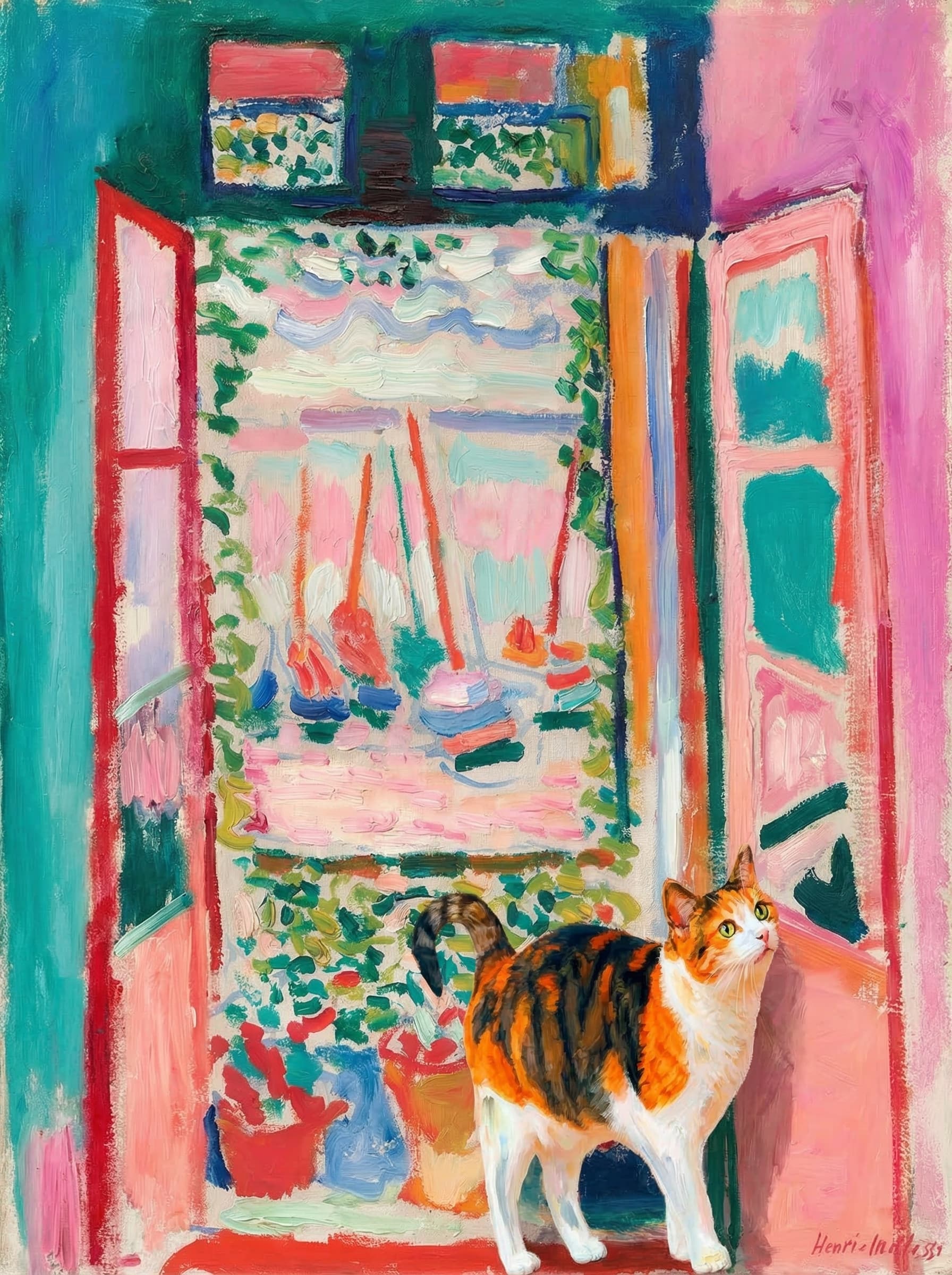 A pet sitting on the right bottom frame of an open door, with its back to the opening while facing the room, looking at the viewer, slight leaning on the right-side door panel. Paint in post-impressionism style. Use loosely painted, vibrantly colored, stylized, vertical painting.