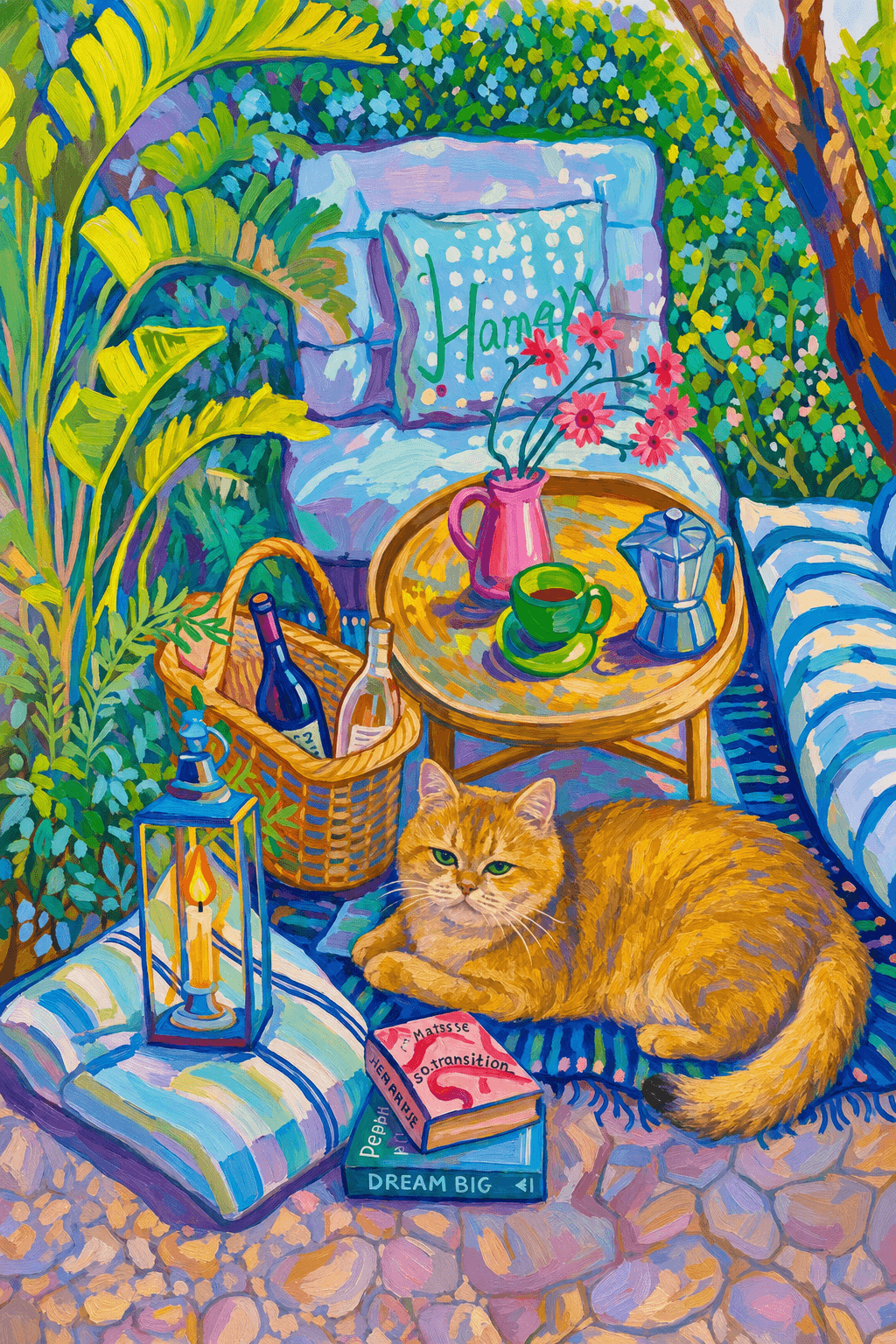 a cozy garden patio filled with lush tropical greenery, blue-and-white striped cushions, a round rattan table, picnic basket, lantern, books, flowers.
The pet is lazily resting in the foreground, almost fall asleep with a relaxed and content expression.
The composition feels intimate and inviting, with foliage and a tree trunk framing the scene, the circular table anchoring the center, and expressive brushwork plus dappled light creating a lively, relaxed outdoor atmosphere.
Art Style: Paint in Fauvism, post-impressionism style. Use simplified shapes, exaggerates color, and flattens perspective to create charm and personality.
Use saturated, non-naturalistic colors and flattened perspective reminiscent of Henri Matisse.
The brushwork is loose, visible, and painterly, with uneven strokes that give the surface texture and movement.
Paint with large areas of flat color patches, simplified shapes, bold decorative outlines, and minimal blending.
The composition is flattened and slightly distorted, with compressed perspective.
The painting is expressive, utilizing thick, confident strokes and quick, rhythmic marks that prioritize texture and visual energy over realistic blending or depth.