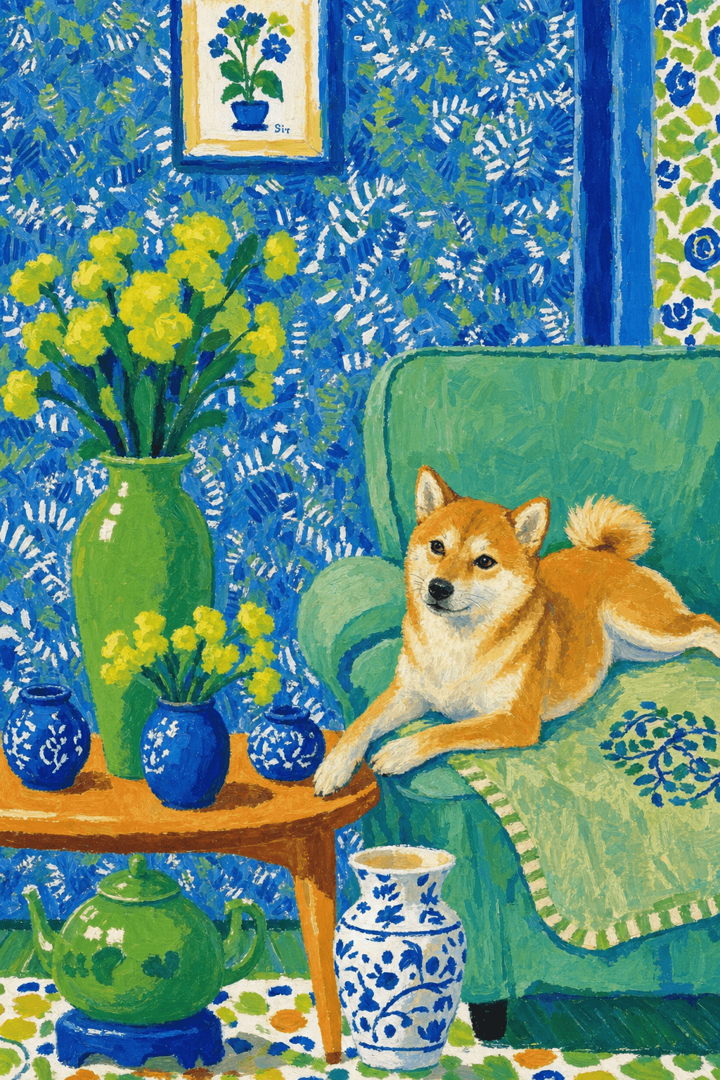 A pet lazy lying on the couch, with head tilt on the edge of couch, eye looking at the the vase. paint in post-impressionism style. Use saturated, non-naturalistic colors and flattened perspective reminiscent of Henri Matisse. painterly and expressive, utilizing thick, confident strokes and quick, rhythmic marks that prioritize texture and visual energy over realistic blending or depth.