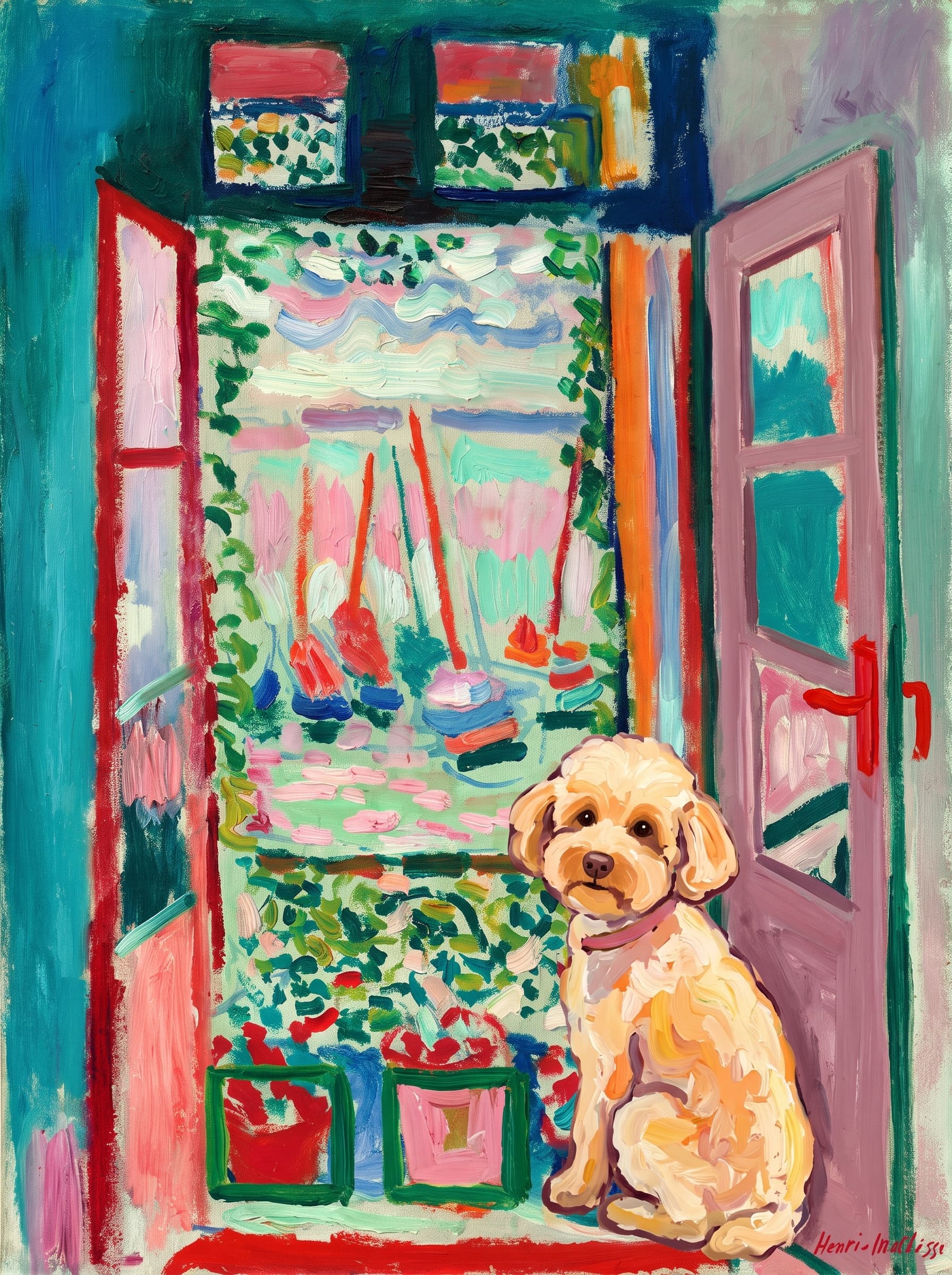 A pet sitting on the right bottom frame of an open door, with its back to the opening while facing the room, looking at the viewer, slight leaning on the right-side door panel. Art Style: Paint in Fauvism, post-impressionism style. Use simplified shapes, exaggerates color, and flattens perspective to create charm and personality.
Use saturated, non-naturalistic colors and flattened perspective reminiscent of Henri Matisse.
The brushwork is loose, visible, and painterly, with uneven strokes that give the surface texture and movement.
Paint with large areas of flat color patches, simplified shapes, bold decorative outlines, and minimal blending.
The composition is flattened and slightly distorted, with compressed perspective.
The painting is expressive, utilizing thick, confident strokes and quick, rhythmic marks that prioritize texture and visual energy over realistic blending or depth.