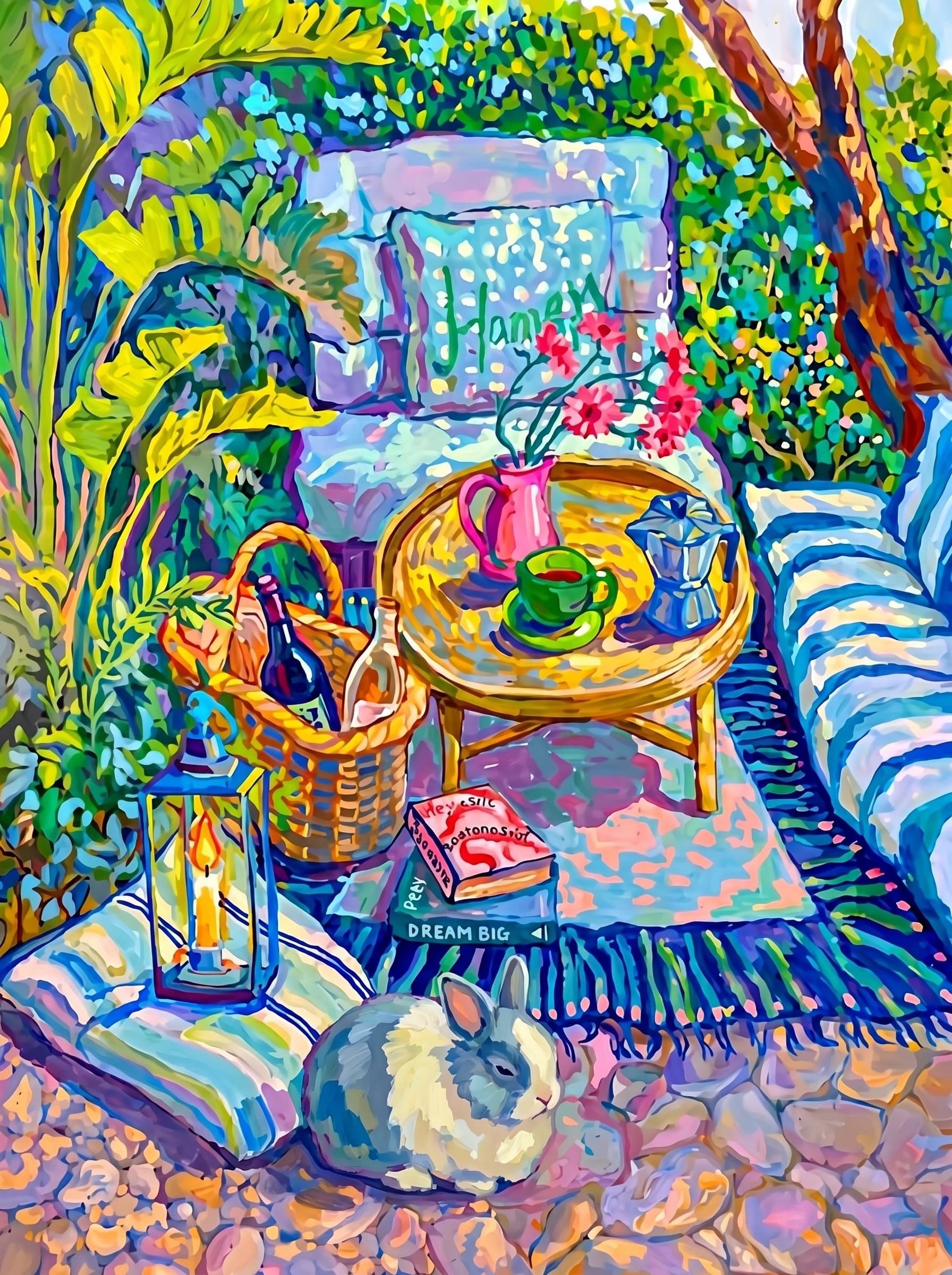 a cozy garden patio filled with lush tropical greenery, blue-and-white striped cushions, a round rattan table, picnic basket, lantern, books, flowers.
The pet is lazily resting in the foreground, almost fall asleep with a relaxed and content expression.
The composition feels intimate and inviting, with foliage and a tree trunk framing the scene, the circular table anchoring the center, and expressive brushwork plus dappled light creating a lively, relaxed outdoor atmosphere.
Art Style: Paint in Fauvism, post-impressionism style. Use simplified shapes, exaggerates color, and flattens perspective to create charm and personality.
Use saturated, non-naturalistic colors and flattened perspective reminiscent of Henri Matisse.
The brushwork is loose, visible, and painterly, with uneven strokes that give the surface texture and movement.
Paint with large areas of flat color patches, simplified shapes, bold decorative outlines, and minimal blending.
The composition is flattened and slightly distorted, with compressed perspective.
The painting is expressive, utilizing thick, confident strokes and quick, rhythmic marks that prioritize texture and visual energy over realistic blending or depth.