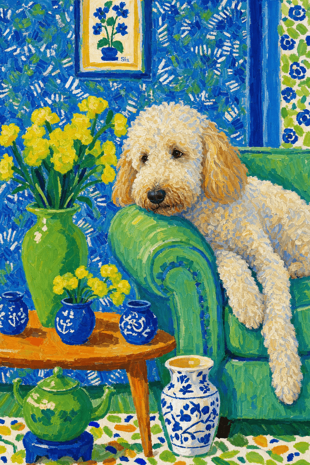 A pet lazy lying on the couch, with head tilt on the edge of couch, eye looking at the the vase. paint in post-impressionism style. Use saturated, non-naturalistic colors and flattened perspective reminiscent of Henri Matisse. painterly and expressive, utilizing thick, confident strokes and quick, rhythmic marks that prioritize texture and visual energy over realistic blending or depth.