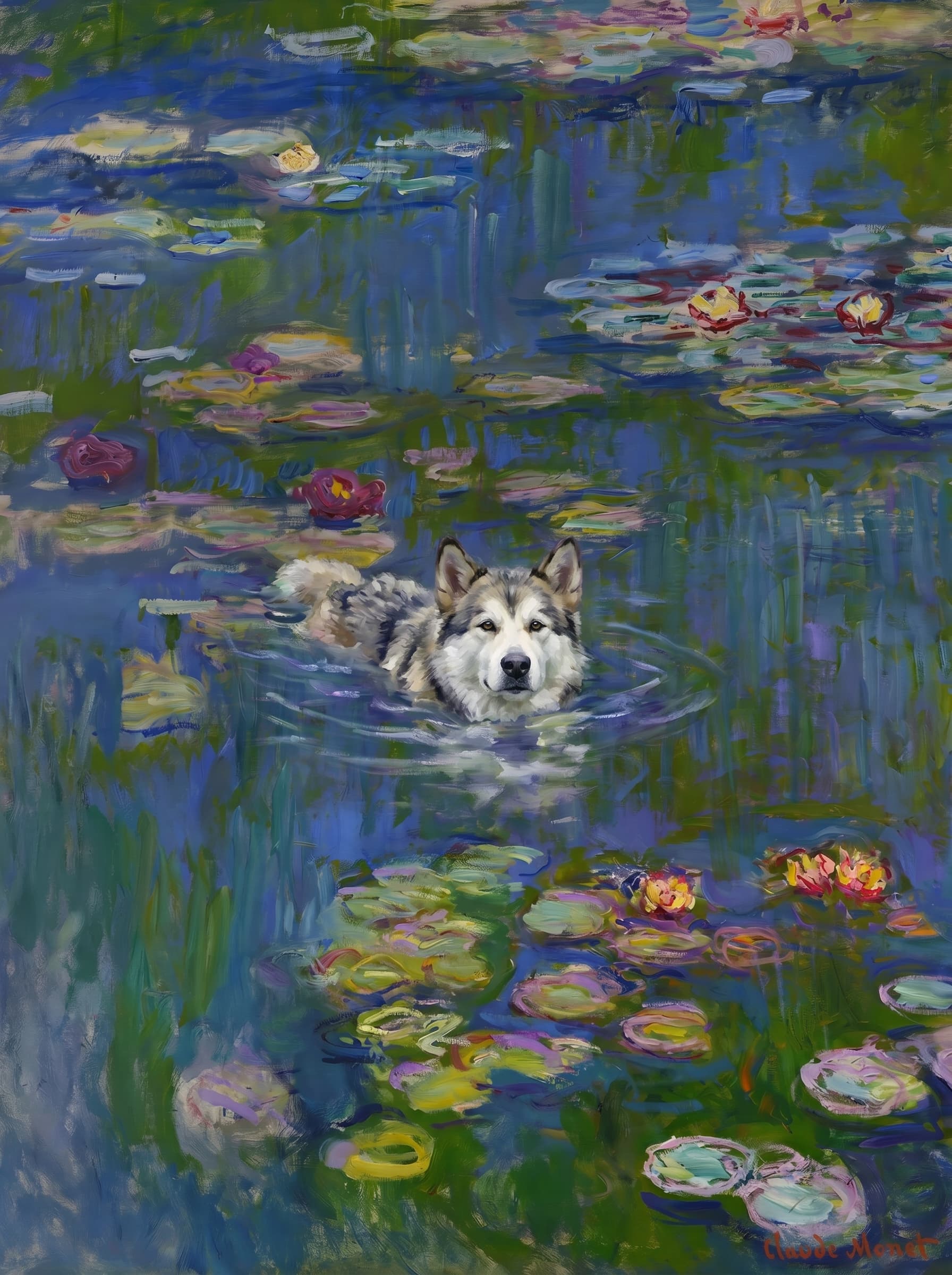The pet should appear naturally integrated into the middle of the pond, swimming calmly through the water with only its head, upper neck, and a subtle suggestion of its back visible above the surface.
      The pet should be facing forward and looking directly at the viewer. Its wet fur should be suggested through painterly strokes.
      Blend the pet into the scene using Monet-like impressionist oil painting techniques: visible layered brushstrokes, soft broken color, blue-green reflections, violet shadows, golden-orange highlights, and shimmering ripples around the pet. 
      The water should partially obscure the pet’s body, with delicate circular ripples spreading outward. Nearby lily pads and water lilies should remain undisturbed but subtly interact with the ripples.
      The pet must feel like it was originally painted into the artwork, not pasted on top. Match the atmospheric softness, painterly texture, scale, perspective, and color harmony of the original Water Lilies painting. 
      Avoid photorealism, sharp outlines, modern digital effects, or excessive detail. The final image should look like a whimsical impressionist oil painting in the spirit of late Monet, with the pet quietly swimming among the lily pads at the center of the pond.
      Art Style: Paint in Fauvism, post-impressionism style. Use simplified shapes, exaggerates color, and flattens perspective to create charm and personality.
Use saturated, non-naturalistic colors and flattened perspective reminiscent of Henri Matisse.
The brushwork is loose, visible, and painterly, with uneven strokes that give the surface texture and movement.
Paint with large areas of flat color patches, simplified shapes, bold decorative outlines, and minimal blending.
The composition is flattened and slightly distorted, with compressed perspective.
The painting is expressive, utilizing thick, confident strokes and quick, rhythmic marks that prioritize texture and visual energy over realistic blending or depth.