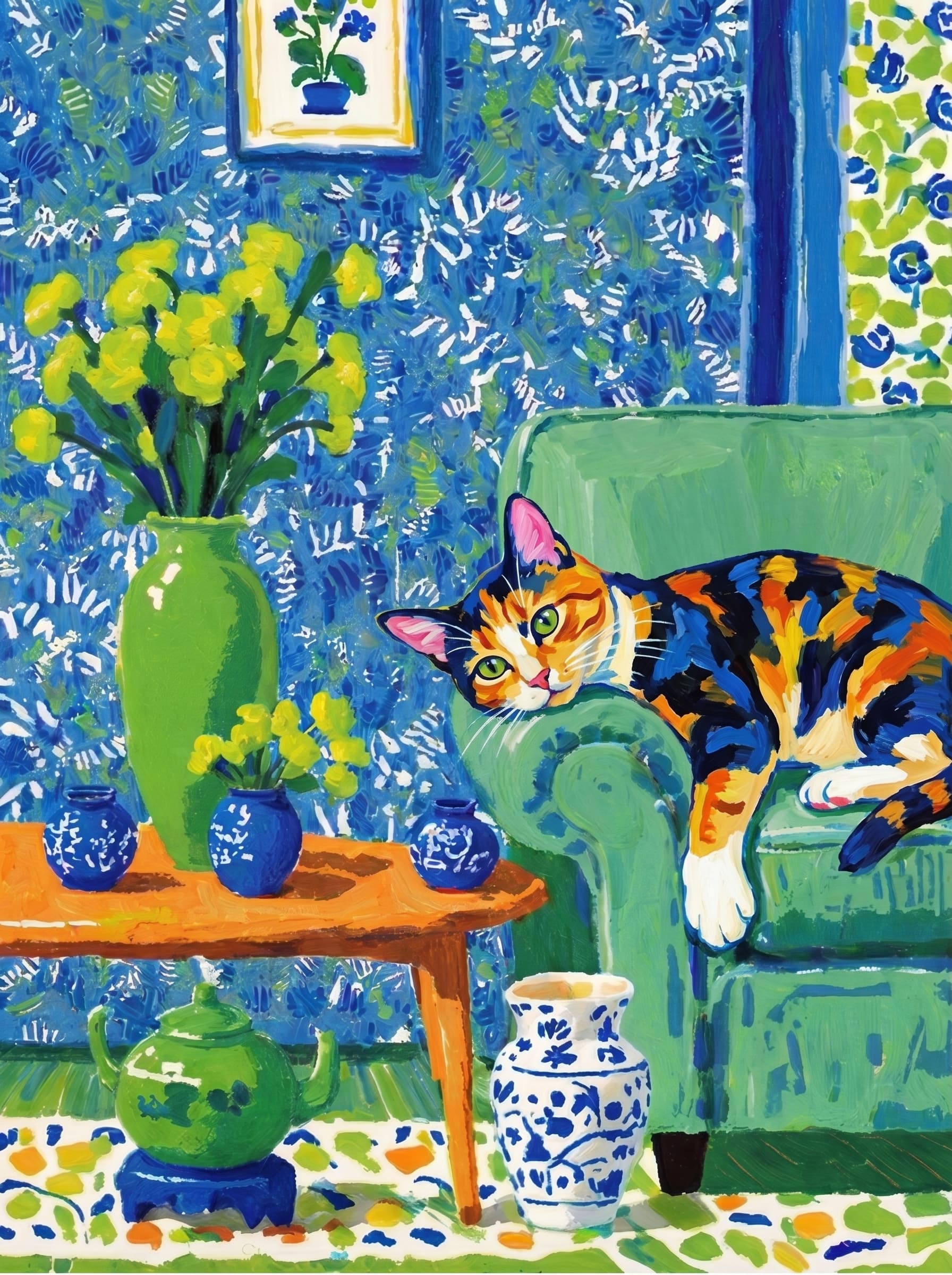 A pet lazy lying on the couch, with head tilt on the edge of couch, eye looking at the the vase. paint in post-impressionism style. Use saturated, non-naturalistic colors and flattened perspective reminiscent of Henri Matisse. painterly and expressive, utilizing thick, confident strokes and quick, rhythmic marks that prioritize texture and visual energy over realistic blending or depth.