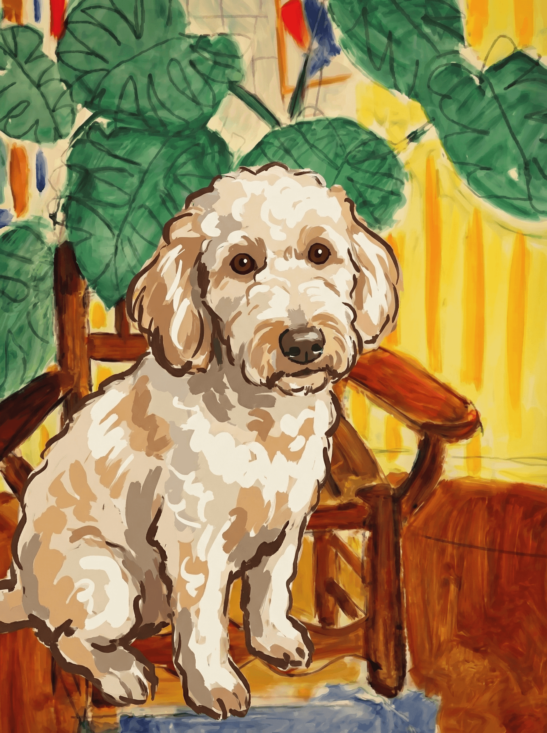 A pet sitting on a brown chair, looking at the viewer. Colors are applied with minimal blending, creating a flat, illustrative feel. The brushwork is broad, rapid, and direct. Strokes are loose, visible, applied thinly, defining the forms quickly without building up significant physical texture or impasto on the surface.