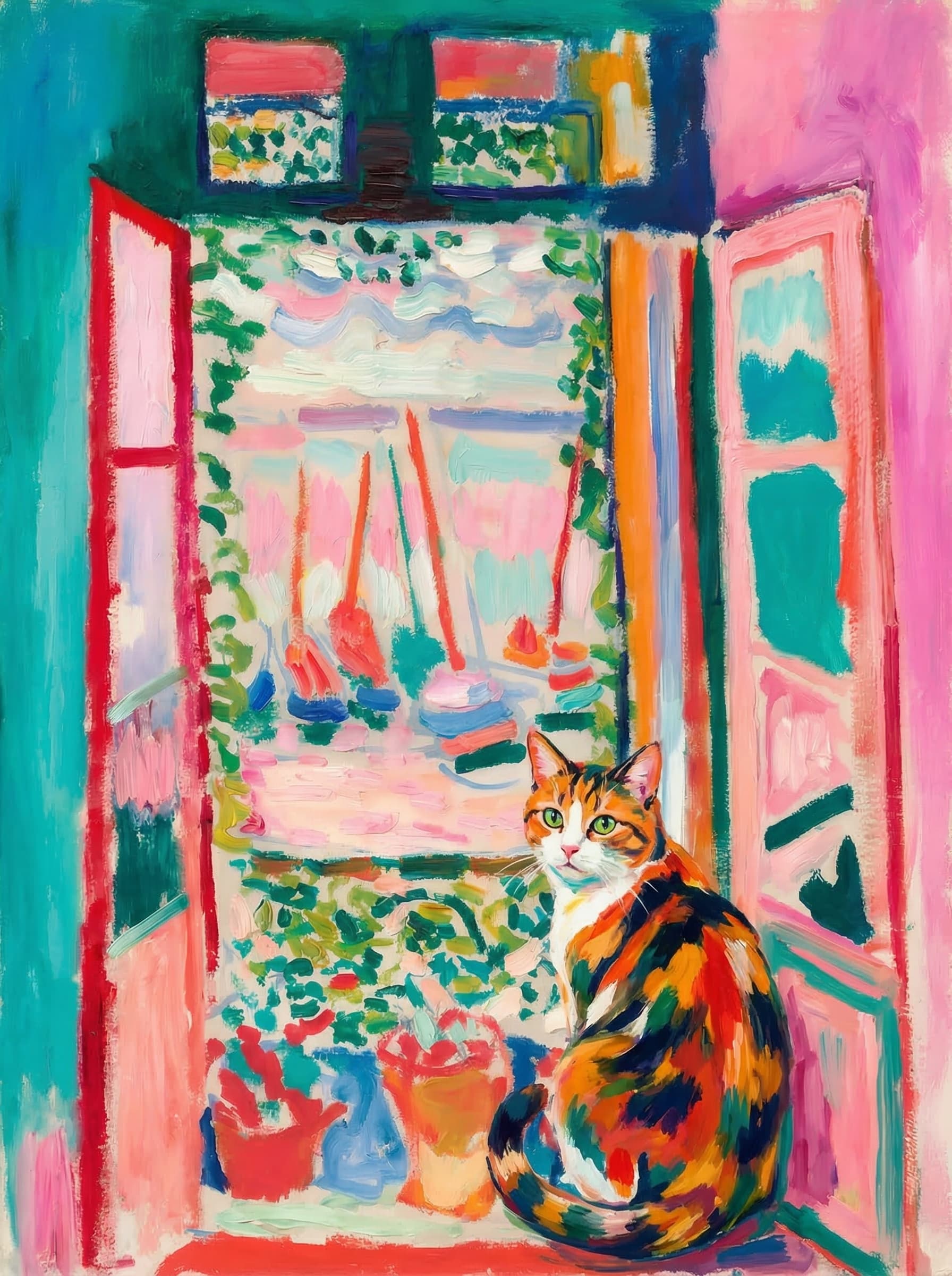 A pet sitting on the right bottom frame of an open door, with its back to the opening while facing the room, looking at the viewer, slight leaning on the right-side door panel. Paint in post-impressionism style. Use loosely painted, vibrantly colored, stylized, vertical painting.