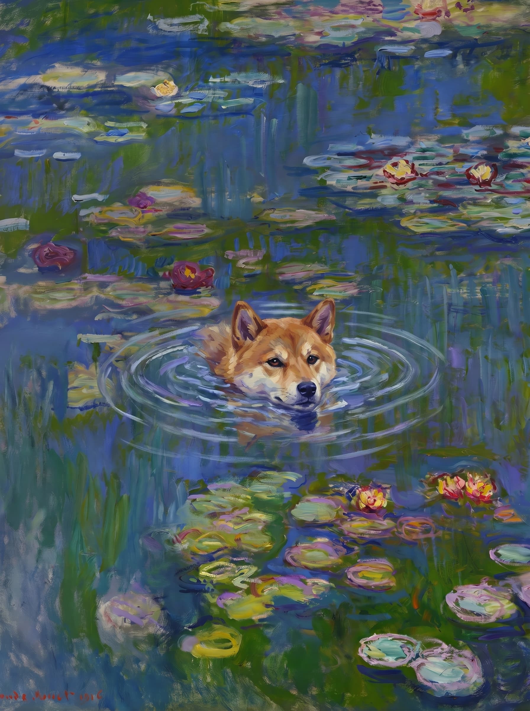 The pet should appear naturally integrated into the middle of the pond, swimming calmly through the water with only its head, upper neck, and a subtle suggestion of its back visible above the surface.
The pet should be facing forward and looking directly at the viewer. Its wet fur should be suggested through painterly strokes.
Blend the pet into the scene using Monet-like impressionist oil painting techniques: visible layered brushstrokes, soft broken color, blue-green reflections, violet shadows, golden-orange highlights, and shimmering ripples around the pet.
The water should partially obscure the pet’s body, with delicate circular ripples spreading outward. Nearby lily pads and water lilies should remain undisturbed but subtly interact with the ripples.
The pet must feel like it was originally painted into the artwork, not pasted on top. Match the atmospheric softness, painterly texture, scale, perspective, and color harmony of the original Water Lilies painting.
Avoid photorealism, sharp outlines, modern digital effects, or excessive detail. The final image should look like a whimsical impressionist oil painting in the spirit of late Monet, with the pet quietly swimming among the lily pads at the center of the pond.
Art Style: Paint in Fauvism, post-impressionism style. Use simplified shapes, exaggerates color, and flattens perspective to create charm and personality.
Use saturated, non-naturalistic colors and flattened perspective reminiscent of Henri Matisse.
The brushwork is loose, visible, and painterly, with uneven strokes that give the surface texture and movement.
Paint with large areas of flat color patches, simplified shapes, bold decorative outlines, and minimal blending.
The composition is flattened and slightly distorted, with compressed perspective.
The painting is expressive, utilizing thick, confident strokes and quick, rhythmic marks that prioritize texture and visual energy over realistic blending or depth.