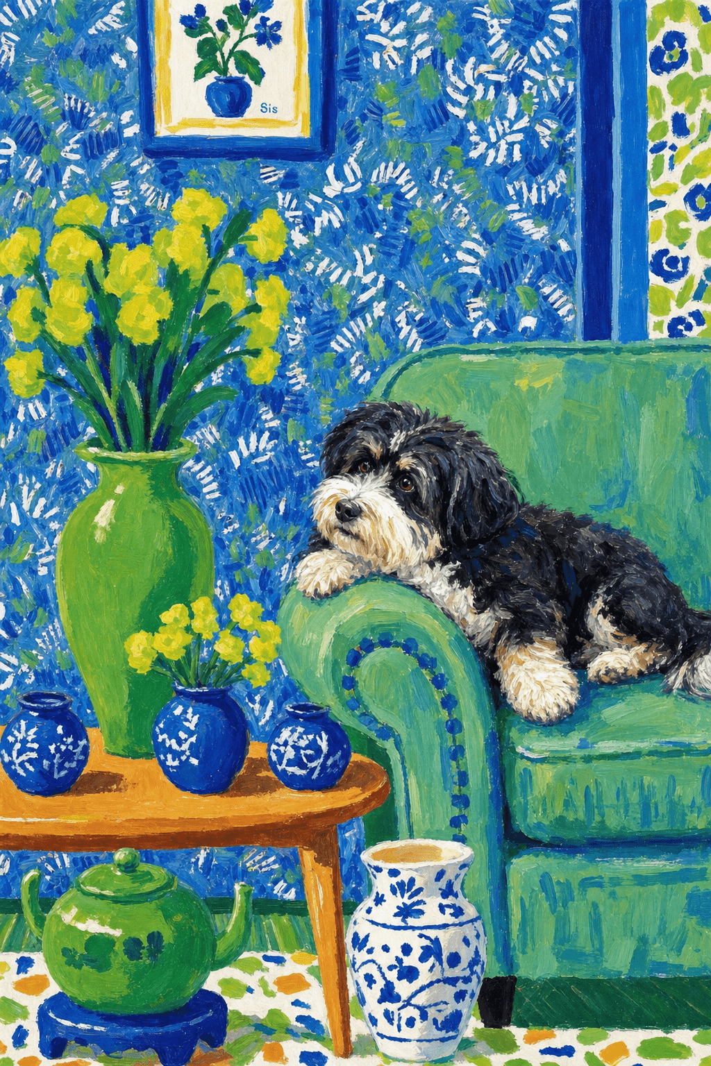 A pet lazy lying on the couch, with head tilt on the edge of couch, eye looking at the the vase. paint in post-impressionism style. Use saturated, non-naturalistic colors and flattened perspective reminiscent of Henri Matisse. painterly and expressive, utilizing thick, confident strokes and quick, rhythmic marks that prioritize texture and visual energy over realistic blending or depth.