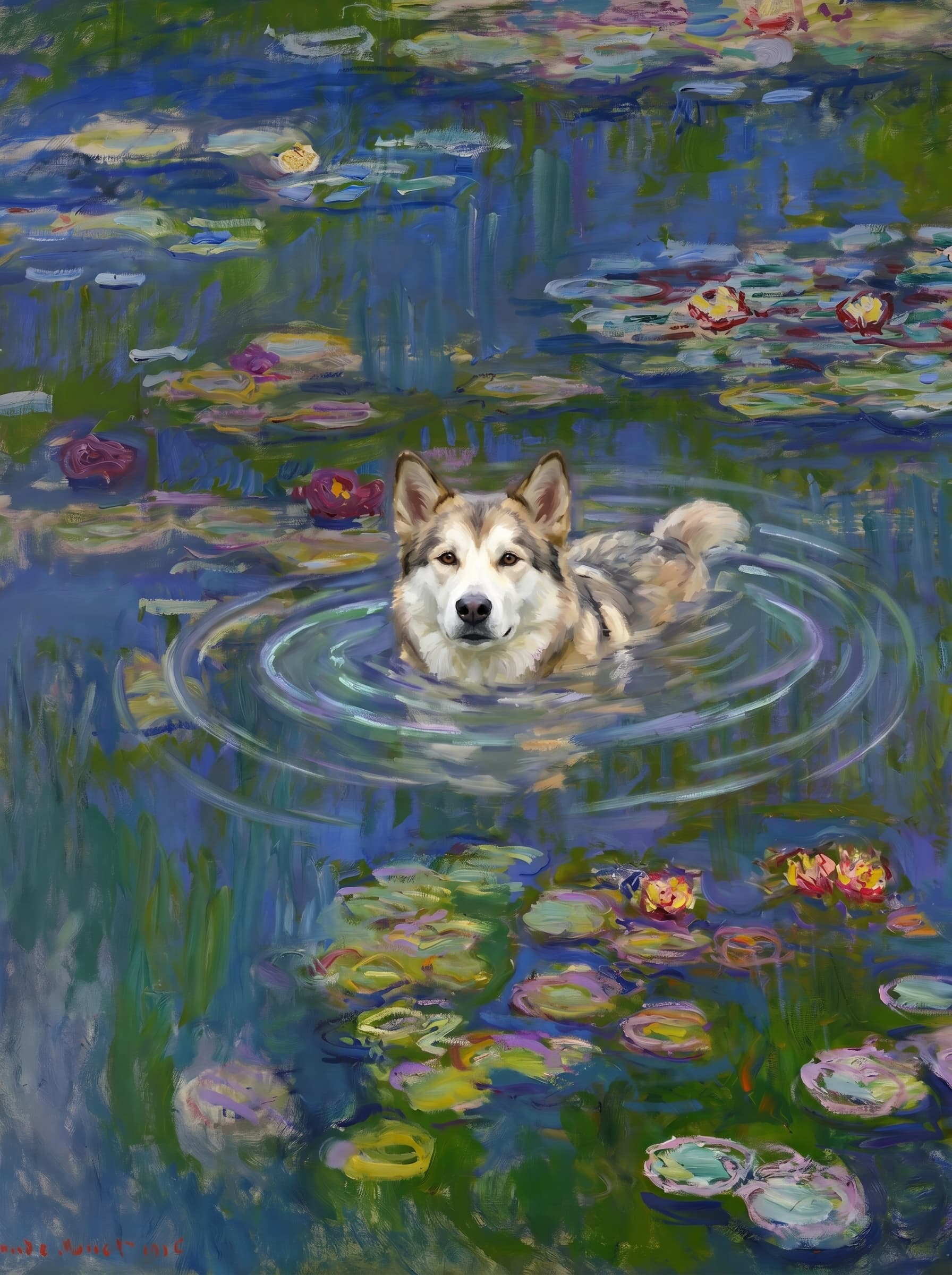 The pet should appear naturally integrated into the middle of the pond, swimming calmly through the water with only its head, upper neck, and a subtle suggestion of its back visible above the surface.
The pet should be facing forward and looking directly at the viewer. Its wet fur should be suggested through painterly strokes.
Blend the pet into the scene using Monet-like impressionist oil painting techniques: visible layered brushstrokes, soft broken color, blue-green reflections, violet shadows, golden-orange highlights, and shimmering ripples around the pet.
The water should partially obscure the pet’s body, with delicate circular ripples spreading outward. Nearby lily pads and water lilies should remain undisturbed but subtly interact with the ripples.
The pet must feel like it was originally painted into the artwork, not pasted on top. Match the atmospheric softness, painterly texture, scale, perspective, and color harmony of the original Water Lilies painting.
Avoid photorealism, sharp outlines, modern digital effects, or excessive detail. The final image should look like a whimsical impressionist oil painting in the spirit of late Monet, with the pet quietly swimming among the lily pads at the center of the pond.
Art Style: Paint in Fauvism, post-impressionism style. Use simplified shapes, exaggerates color, and flattens perspective to create charm and personality.
Use saturated, non-naturalistic colors and flattened perspective reminiscent of Henri Matisse.
The brushwork is loose, visible, and painterly, with uneven strokes that give the surface texture and movement.
Paint with large areas of flat color patches, simplified shapes, bold decorative outlines, and minimal blending.
The composition is flattened and slightly distorted, with compressed perspective.
The painting is expressive, utilizing thick, confident strokes and quick, rhythmic marks that prioritize texture and visual energy over realistic blending or depth.