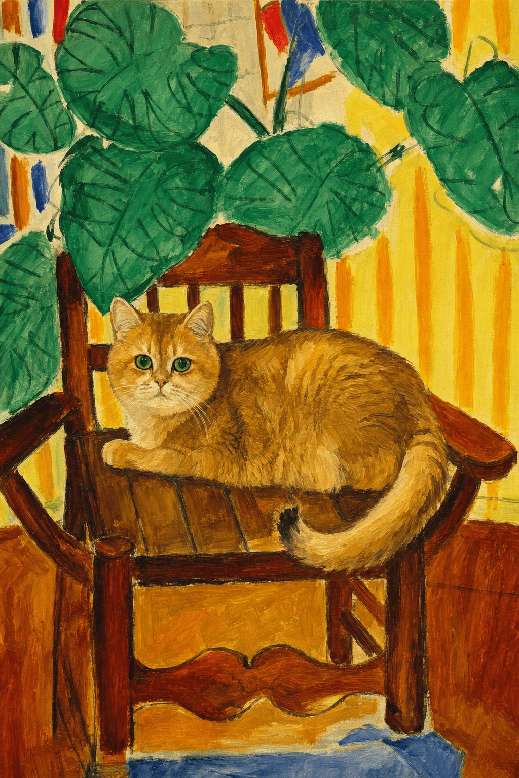A pet sitting on a brown chair, looking at the viewer. Colors are applied with minimal blending, creating a flat, illustrative feel. The brushwork is broad, rapid, and direct. Strokes are loose, visible, applied thinly, defining the forms quickly without building up significant physical texture or impasto on the surface.
