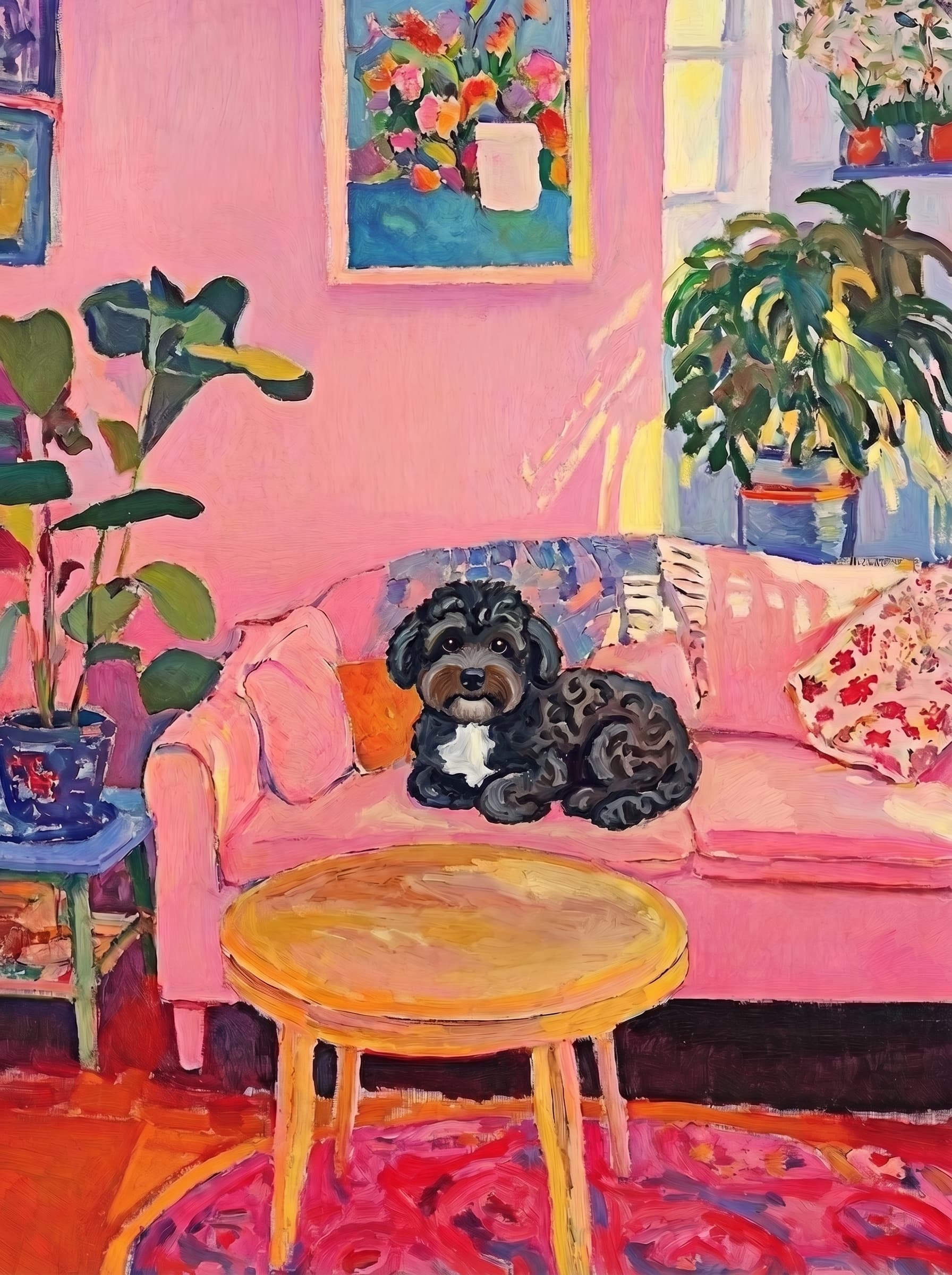 The painting shows a cozy, colorful interior with a warm pink wall and a large pink sofa in the foreground.
      The pet is resting lazily on a bright pink velvet sofa. The pet’s looked completely relaxed and content.
      The overall mood is cheerful and intimate, with bold outlines, visible brushstrokes, and slightly simplified forms.
      Art Style: Paint in Fauvism, post-impressionism style. Use simplified shapes, exaggerates color, and flattens perspective to create charm and personality.
Use saturated, non-naturalistic colors and flattened perspective reminiscent of Henri Matisse.
The brushwork is loose, visible, and painterly, with uneven strokes that give the surface texture and movement.
Paint with large areas of flat color patches, simplified shapes, bold decorative outlines, and minimal blending.
The composition is flattened and slightly distorted, with compressed perspective.
The painting is expressive, utilizing thick, confident strokes and quick, rhythmic marks that prioritize texture and visual energy over realistic blending or depth.
