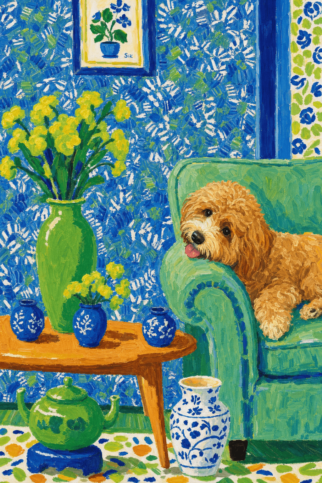 A pet lazy lying on the couch, with head tilt on the edge of couch, eye looking at the the vase. paint in post-impressionism style. Use saturated, non-naturalistic colors and flattened perspective reminiscent of Henri Matisse. painterly and expressive, utilizing thick, confident strokes and quick, rhythmic marks that prioritize texture and visual energy over realistic blending or depth.