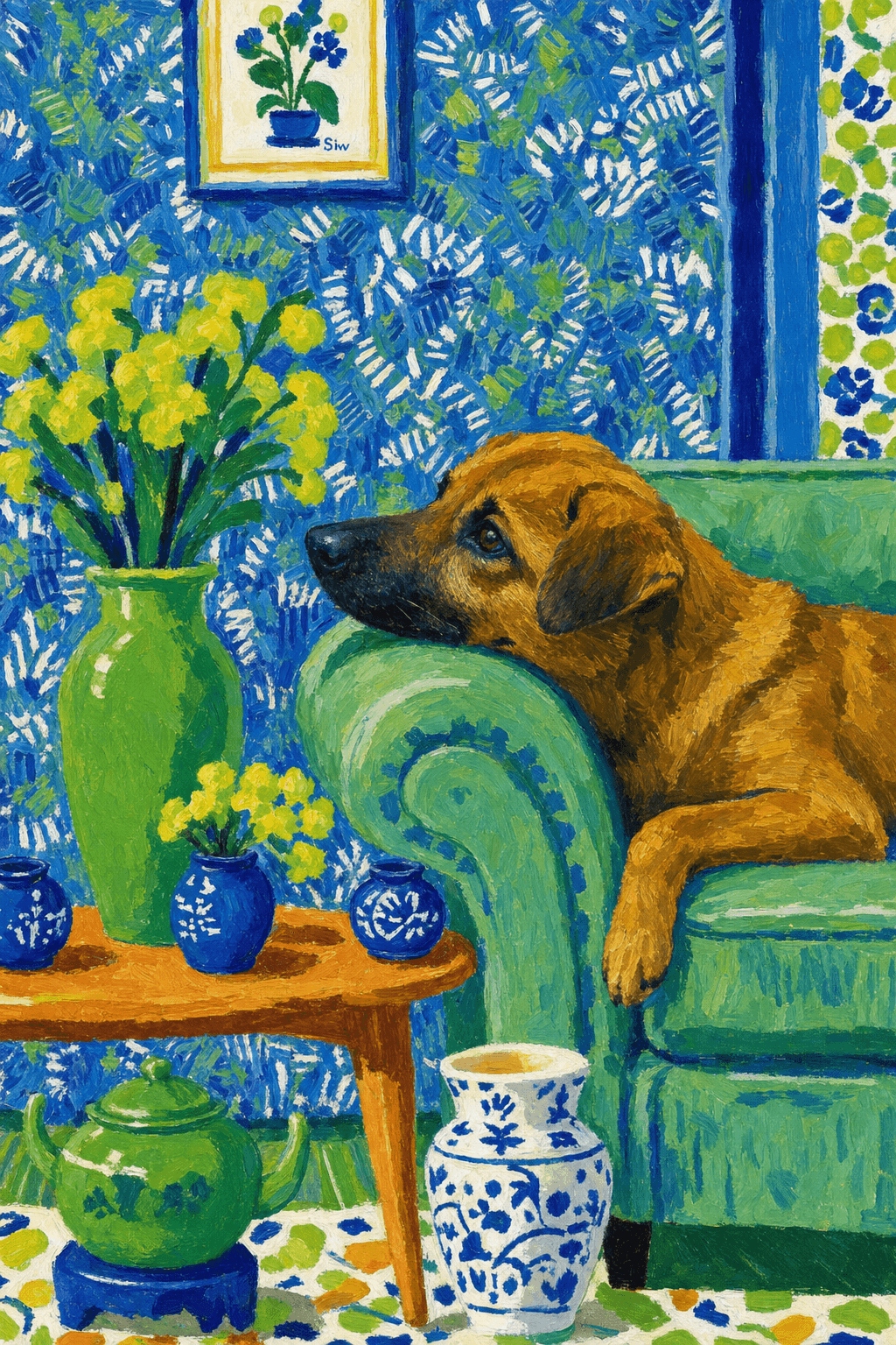 A pet lazy lying on the couch, with head tilt on the edge of couch, eye looking at the the vase. paint in post-impressionism style. Use saturated, non-naturalistic colors and flattened perspective reminiscent of Henri Matisse. painterly and expressive, utilizing thick, confident strokes and quick, rhythmic marks that prioritize texture and visual energy over realistic blending or depth.