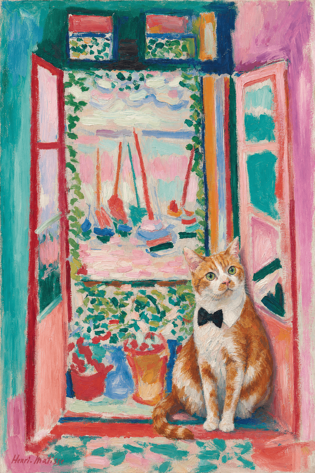 A pet sitting on the right bottom frame of an open door, with its back to the opening while facing the room, looking at the viewer, slight leaning on the right-side door panel. Paint in post-impressionism style. Use loosely painted, vibrantly colored, stylized, vertical painting.