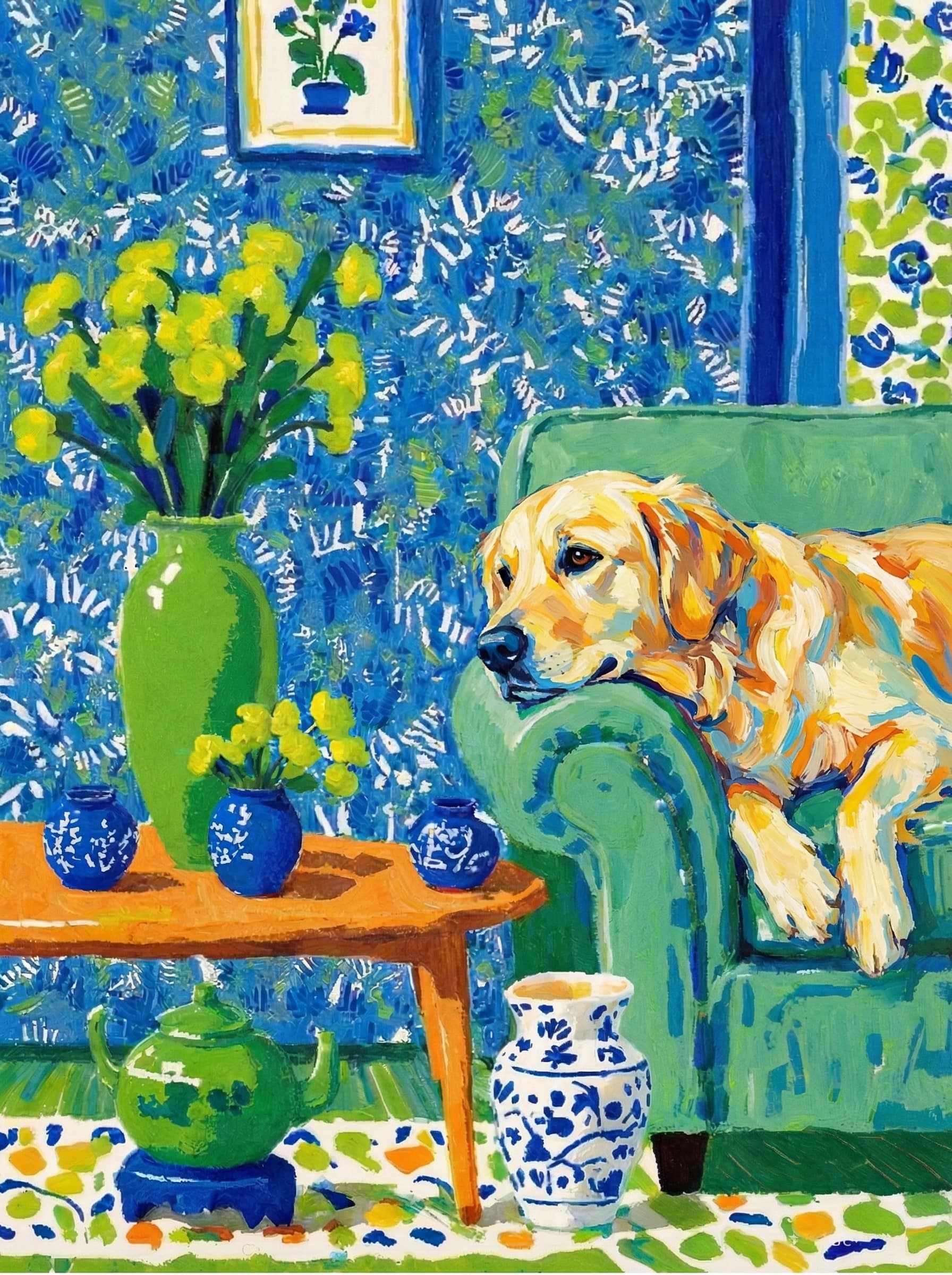 A pet lazy lying on the couch, with head tilt on the edge of couch, eye looking at the the vase. paint in post-impressionism style. Use saturated, non-naturalistic colors and flattened perspective reminiscent of Henri Matisse. painterly and expressive, utilizing thick, confident strokes and quick, rhythmic marks that prioritize texture and visual energy over realistic blending or depth.