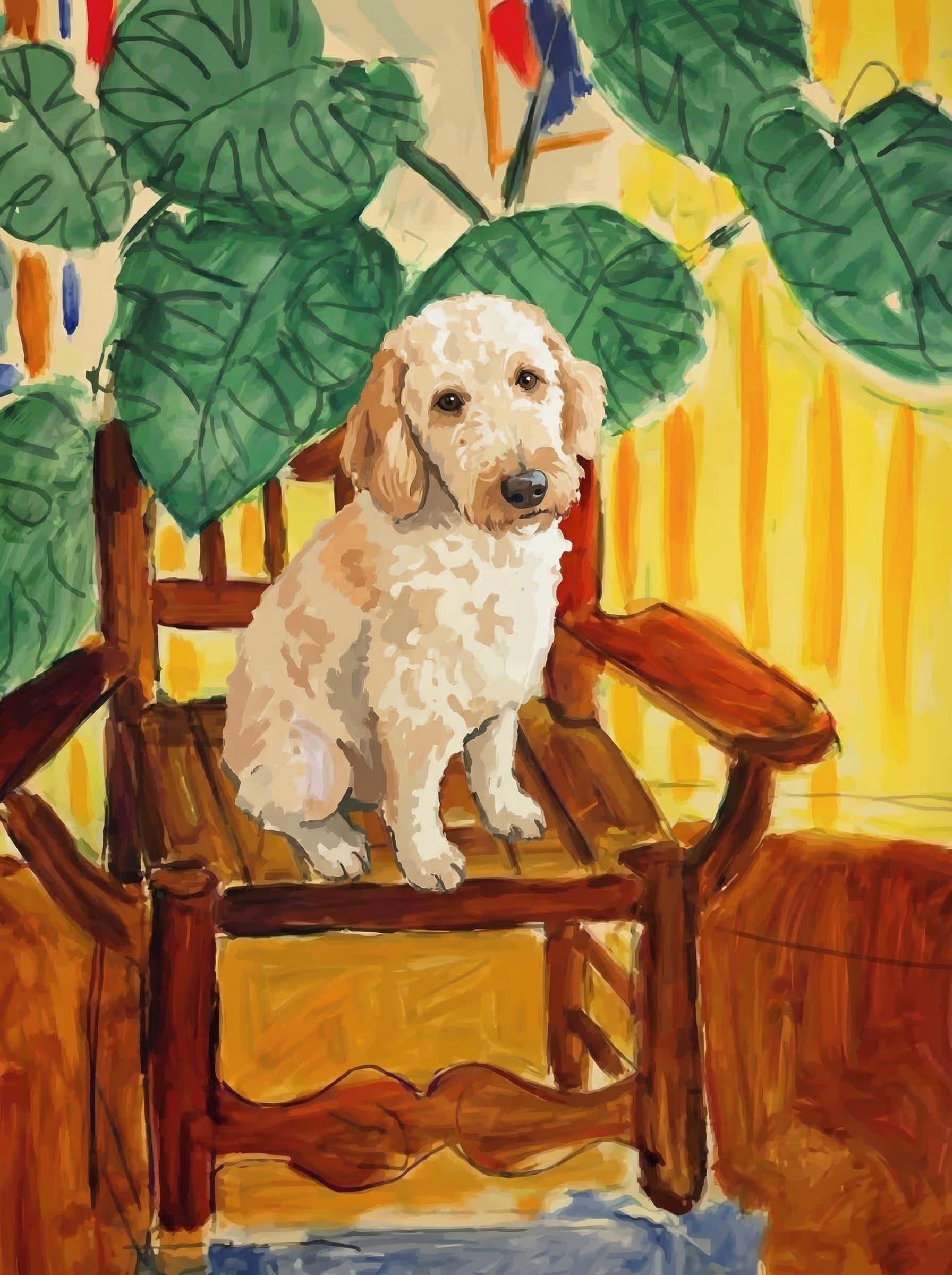 A pet sitting on a brown chair, looking at the viewer. Colors are applied with minimal blending, creating a flat, illustrative feel. The brushwork is broad, rapid, and direct. Strokes are loose, visible, applied thinly, defining the forms quickly without building up significant physical texture or impasto on the surface.
