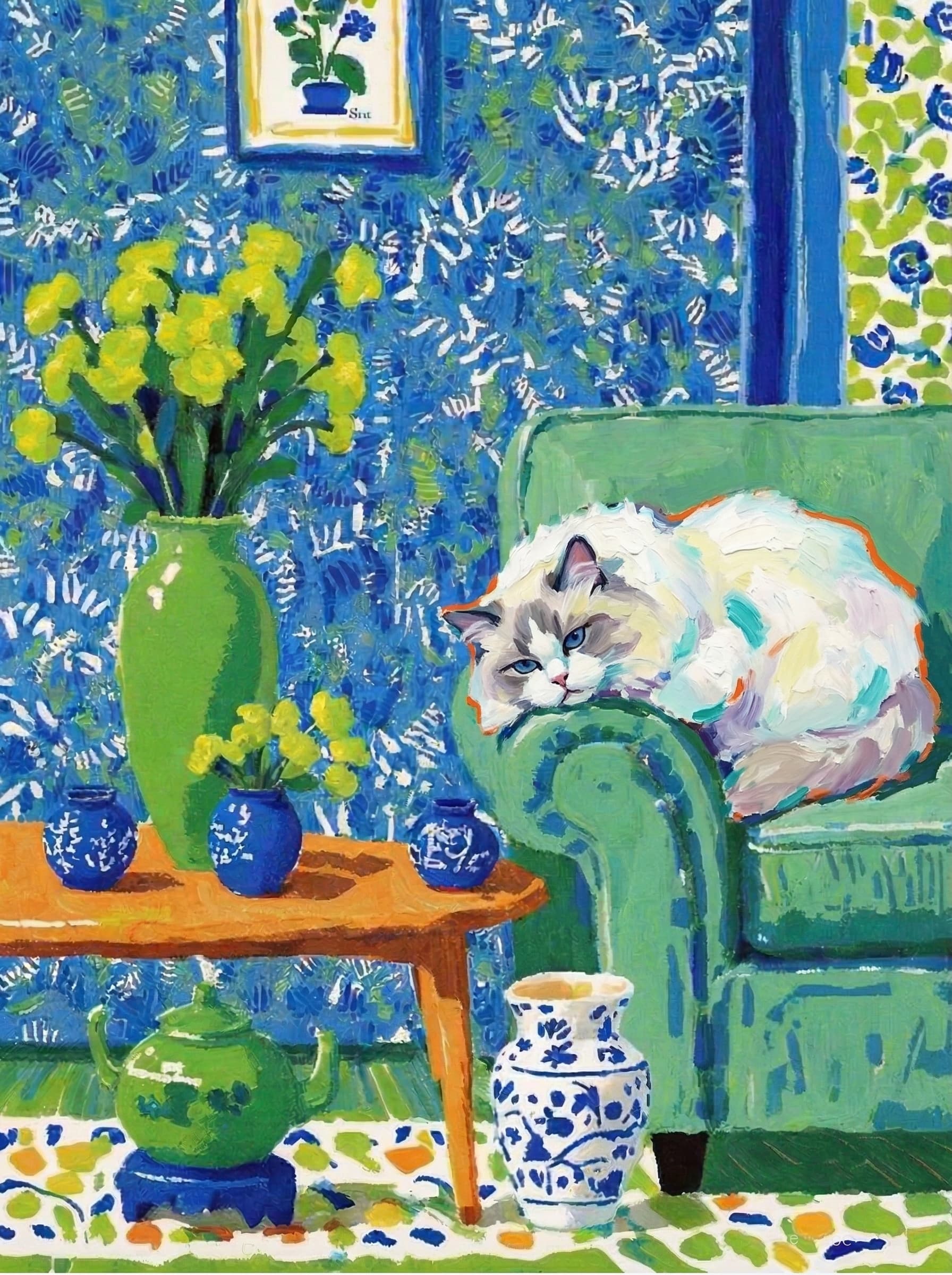 A pet lazy lying on the couch, with head tilt on the edge of couch, eye looking at the the vase. paint in post-impressionism style. Use saturated, non-naturalistic colors and flattened perspective reminiscent of Henri Matisse. painterly and expressive, utilizing thick, confident strokes and quick, rhythmic marks that prioritize texture and visual energy over realistic blending or depth.