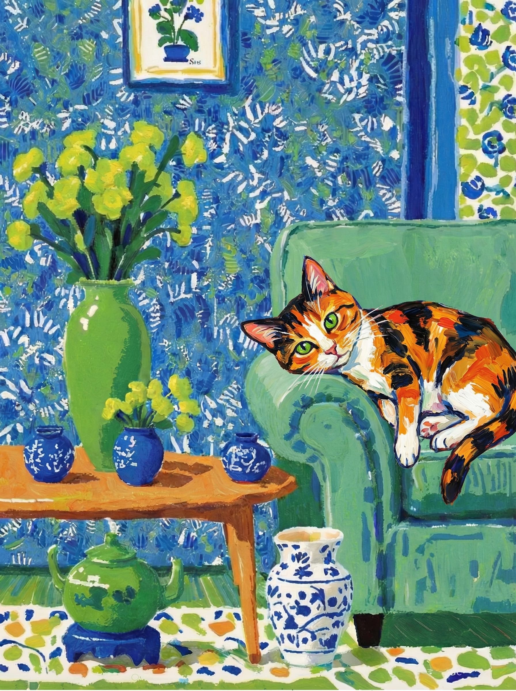 A pet lazy lying on the couch, with head tilt on the edge of couch, eye looking at the the vase. paint in post-impressionism style. Use saturated, non-naturalistic colors and flattened perspective reminiscent of Henri Matisse. painterly and expressive, utilizing thick, confident strokes and quick, rhythmic marks that prioritize texture and visual energy over realistic blending or depth.