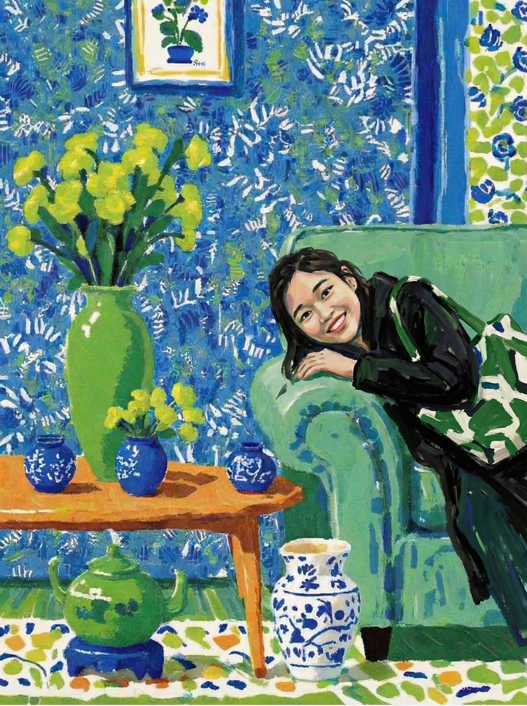 A pet lazy lying on the couch, with head tilt on the edge of couch, eye looking at the the vase. paint in post-impressionism style. Use saturated, non-naturalistic colors and flattened perspective reminiscent of Henri Matisse. painterly and expressive, utilizing thick, confident strokes and quick, rhythmic marks that prioritize texture and visual energy over realistic blending or depth.