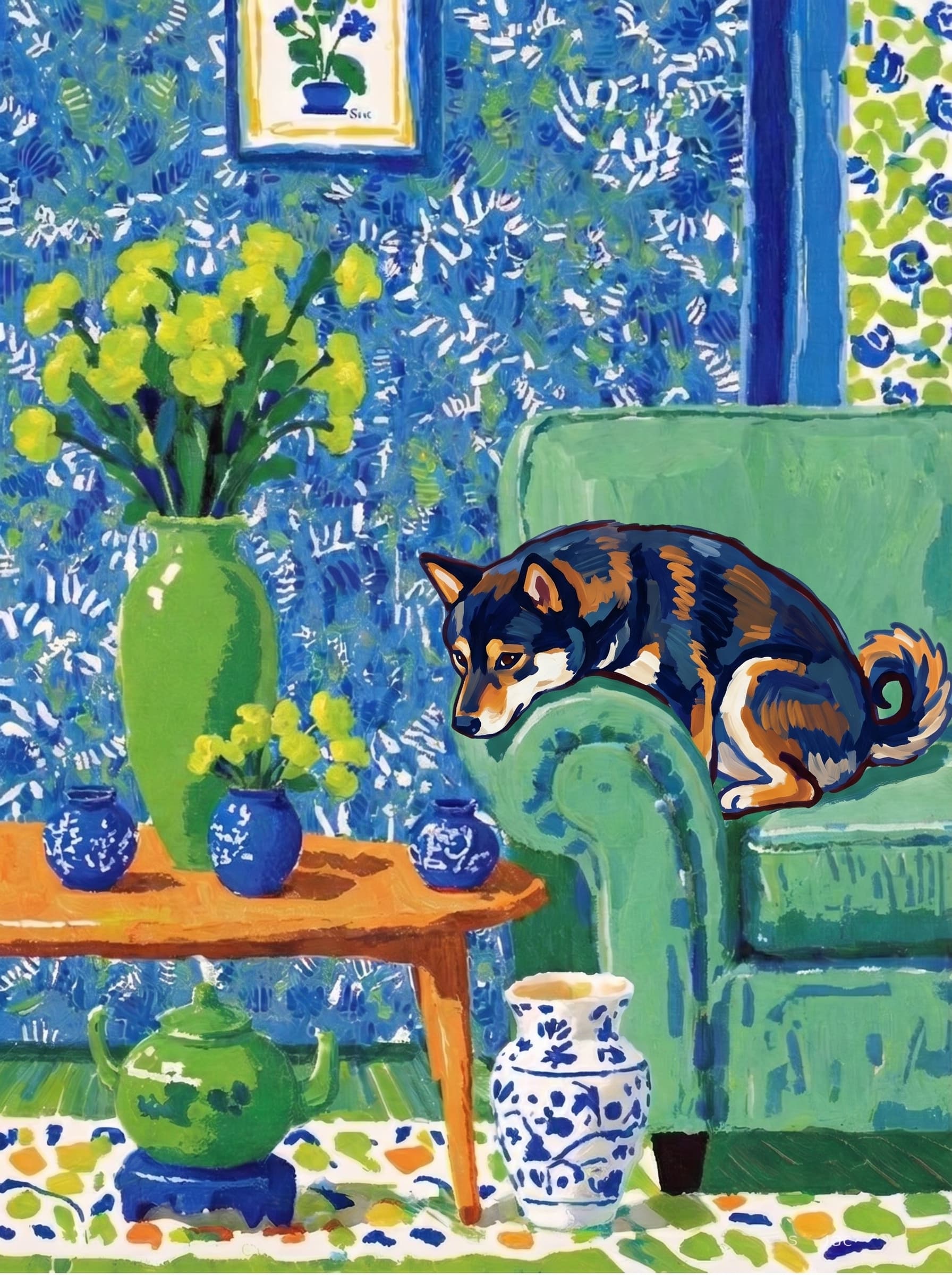 A pet lazy lying on the couch, with head tilt on the edge of couch, eye looking at the the vase. Art Style: Paint in Fauvism, post-impressionism style. Use simplified shapes, exaggerates color, and flattens perspective to create charm and personality.
Use saturated, non-naturalistic colors and flattened perspective reminiscent of Henri Matisse.
The brushwork is loose, visible, and painterly, with uneven strokes that give the surface texture and movement.
Paint with large areas of flat color patches, simplified shapes, bold decorative outlines, and minimal blending.
The composition is flattened and slightly distorted, with compressed perspective.
The painting is expressive, utilizing thick, confident strokes and quick, rhythmic marks that prioritize texture and visual energy over realistic blending or depth.