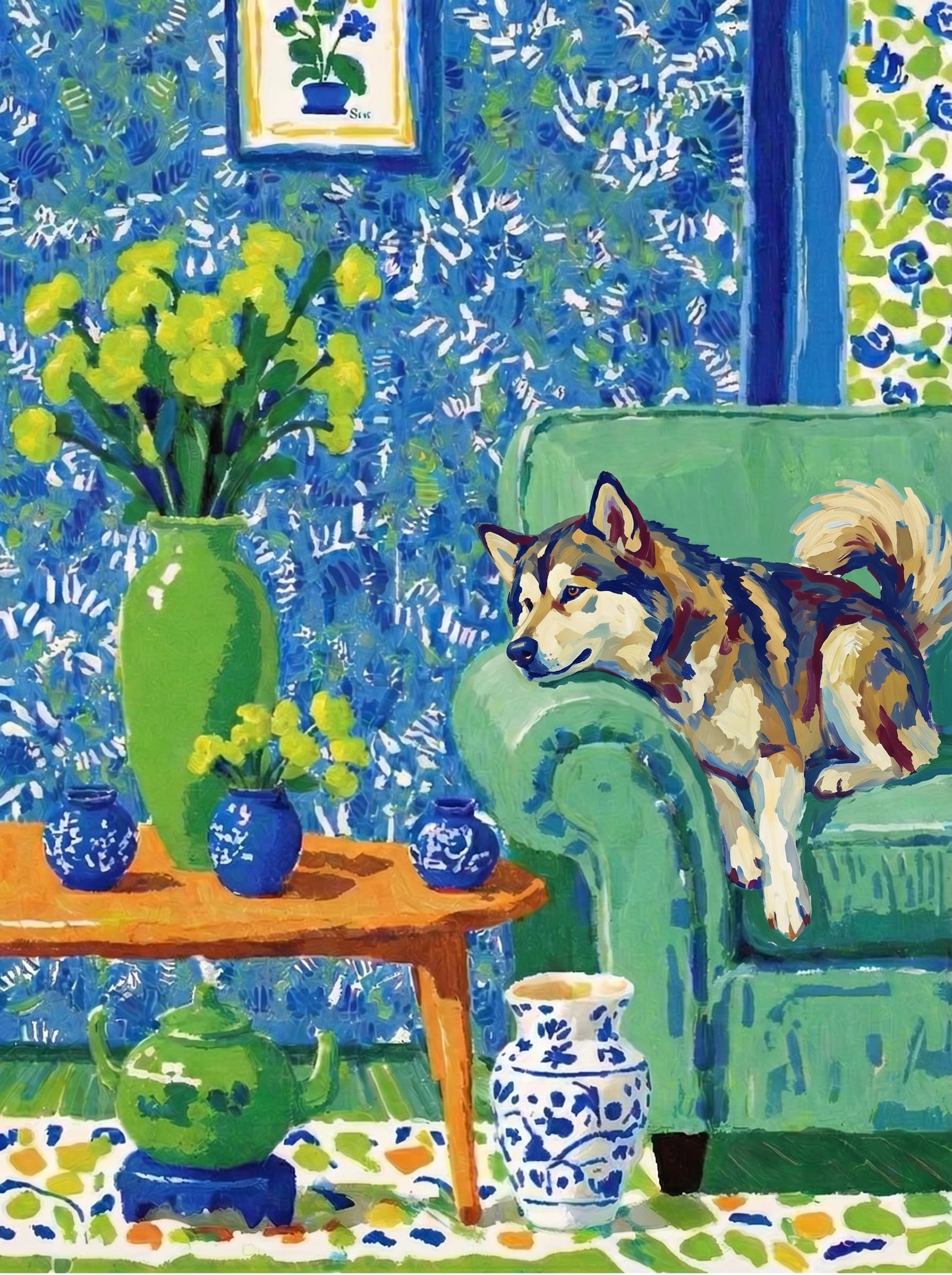 A pet lazy lying on the couch, with head tilt on the edge of couch, eye looking at the the vase. paint in post-impressionism style. Use saturated, non-naturalistic colors and flattened perspective reminiscent of Henri Matisse. painterly and expressive, utilizing thick, confident strokes and quick, rhythmic marks that prioritize texture and visual energy over realistic blending or depth.