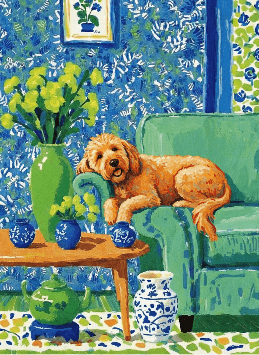 A pet lazy lying on the couch, with head tilt on the edge of couch, eye looking at the the vase. paint in post-impressionism style. Use saturated, non-naturalistic colors and flattened perspective reminiscent of Henri Matisse. painterly and expressive, utilizing thick, confident strokes and quick, rhythmic marks that prioritize texture and visual energy over realistic blending or depth.