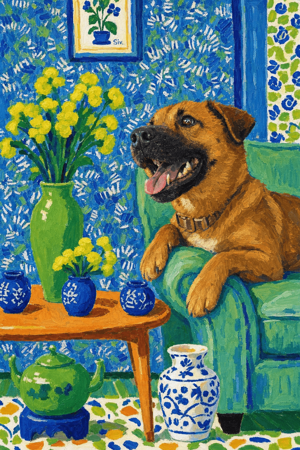 A pet lazy lying on the couch, with head tilt on the edge of couch, eye looking at the the vase. paint in post-impressionism style. Use saturated, non-naturalistic colors and flattened perspective reminiscent of Henri Matisse. painterly and expressive, utilizing thick, confident strokes and quick, rhythmic marks that prioritize texture and visual energy over realistic blending or depth.