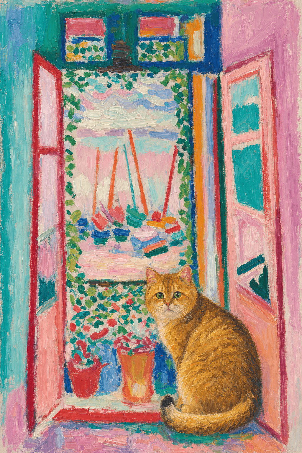 A pet sitting on the right bottom frame of an open door, with its back to the opening while facing the room, looking at the viewer, slight leaning on the right-side door panel. Paint in post-impressionism style. Use loosely painted, vibrantly colored, stylized, vertical painting.