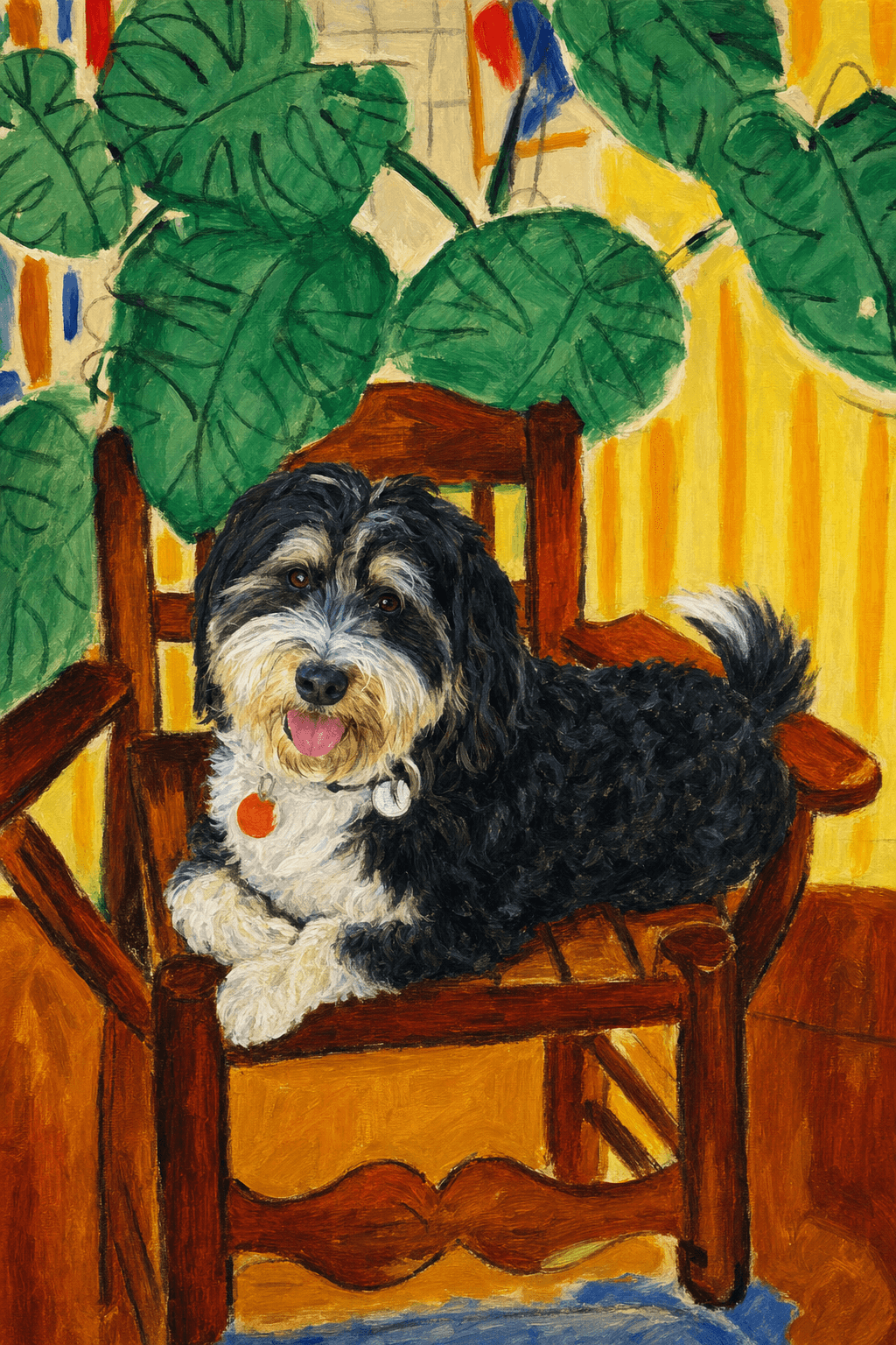 A pet sitting on a brown chair, looking at the viewer. Colors are applied with minimal blending, creating a flat, illustrative feel. The brushwork is broad, rapid, and direct. Strokes are loose, visible, applied thinly, defining the forms quickly without building up significant physical texture or impasto on the surface.